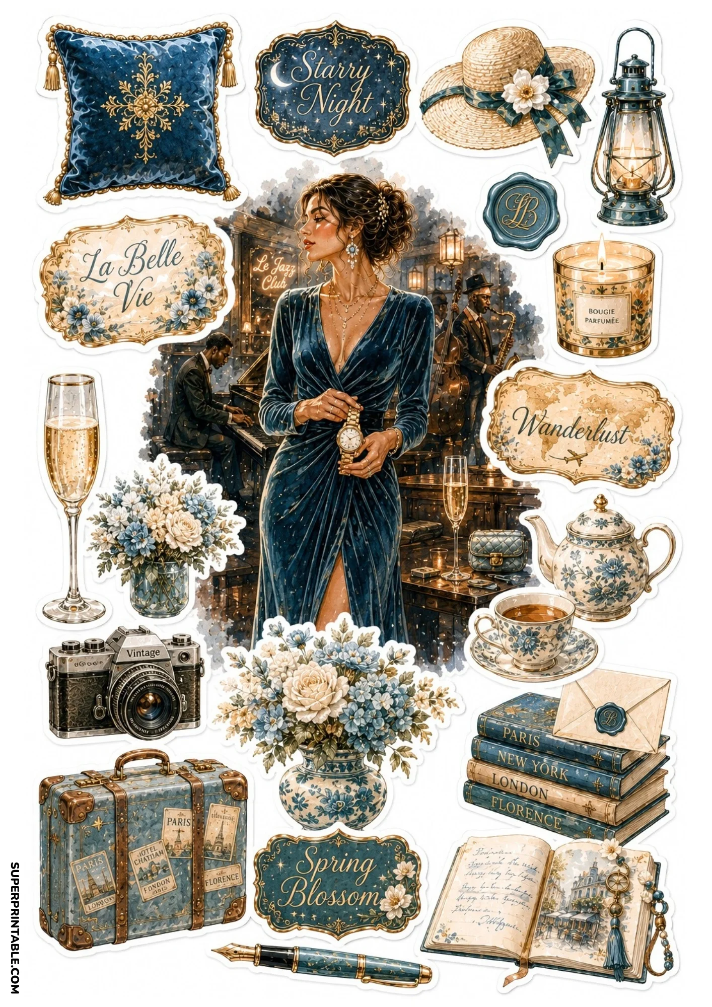 Deep blue watercolor sticker sheet featuring a woman in a velvet dress in a jazz club, with stickers of blue vintage trunks, teapots, cameras, open journals, and gold lanterns.