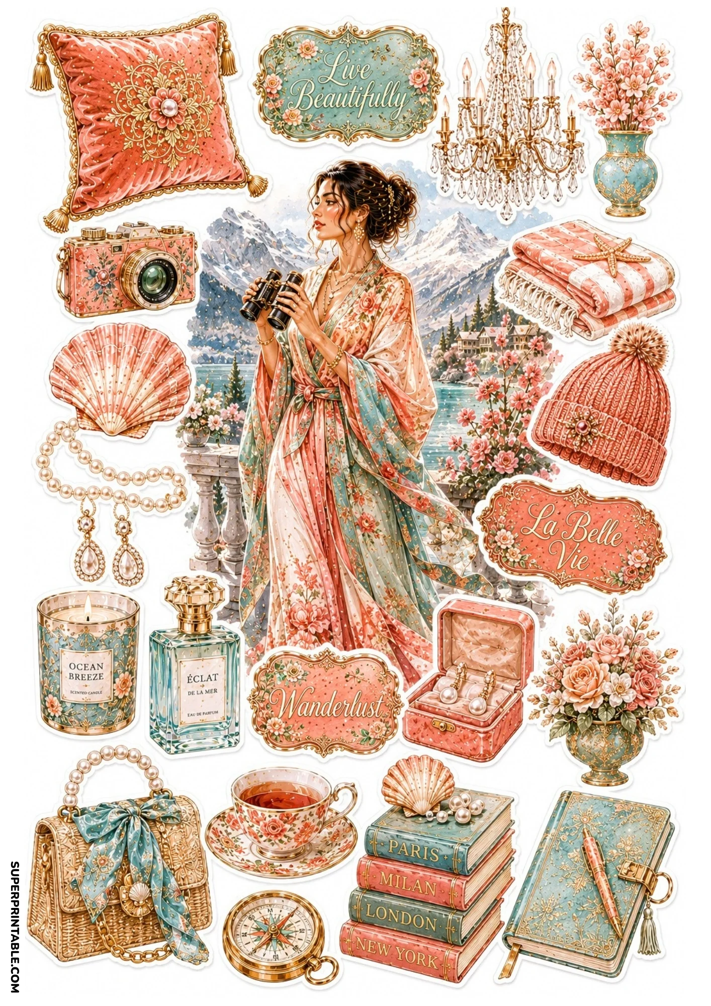 Pastel pink and turquoise sticker sheet depicting a woman in a floral robe with binoculars on a lake balcony, surrounded by woven bags, pearl jewelry boxes, binoculars, and books.