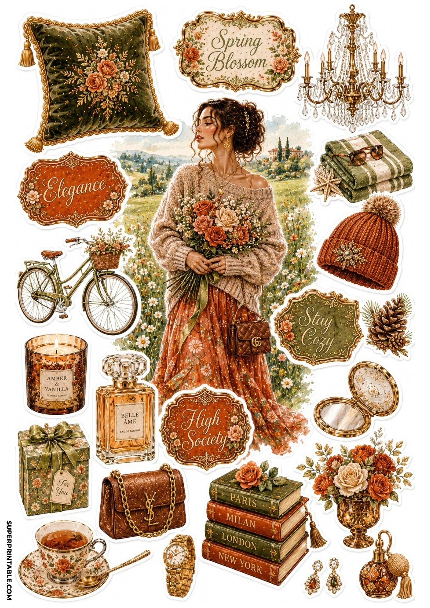 Warm countryside sticker sheet showing a woman holding flowers in a daisy field, surrounded by vintage bicycles, pinecones, knit beanies, and leather handbags.