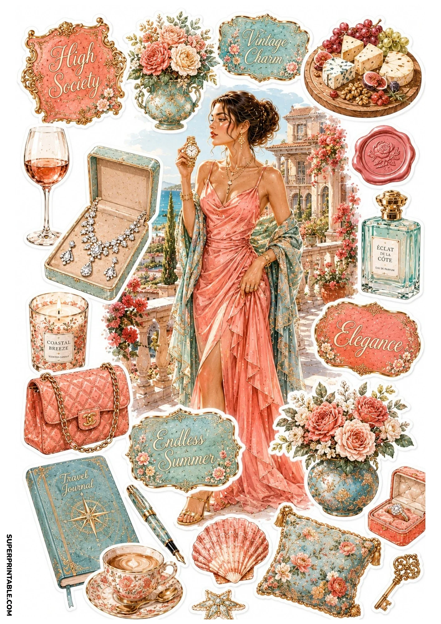Coral and aqua Mediterranean sticker sheet portraying a woman in a silk dress on a villa terrace, with charcuterie platters, jewelry boxes, wine glasses, and key stickers.