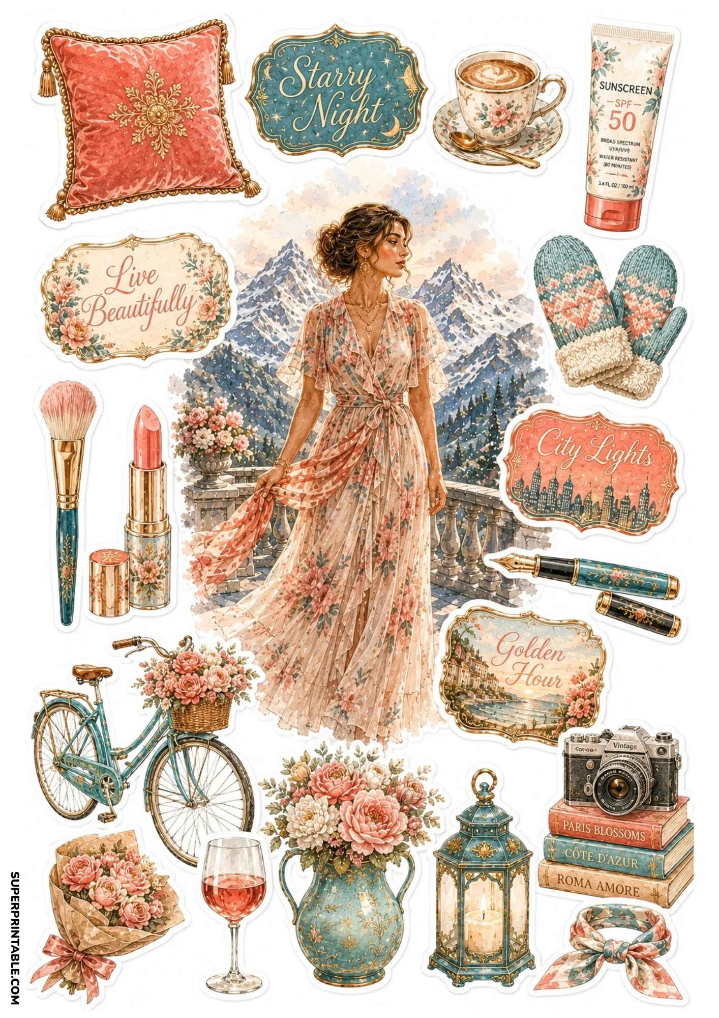 Printable sticker sheet illustrating a woman in a floral dress on a scenic mountain balcony, flanked by vintage cameras, stacked books, flower-adorned bicycles, and teacups.