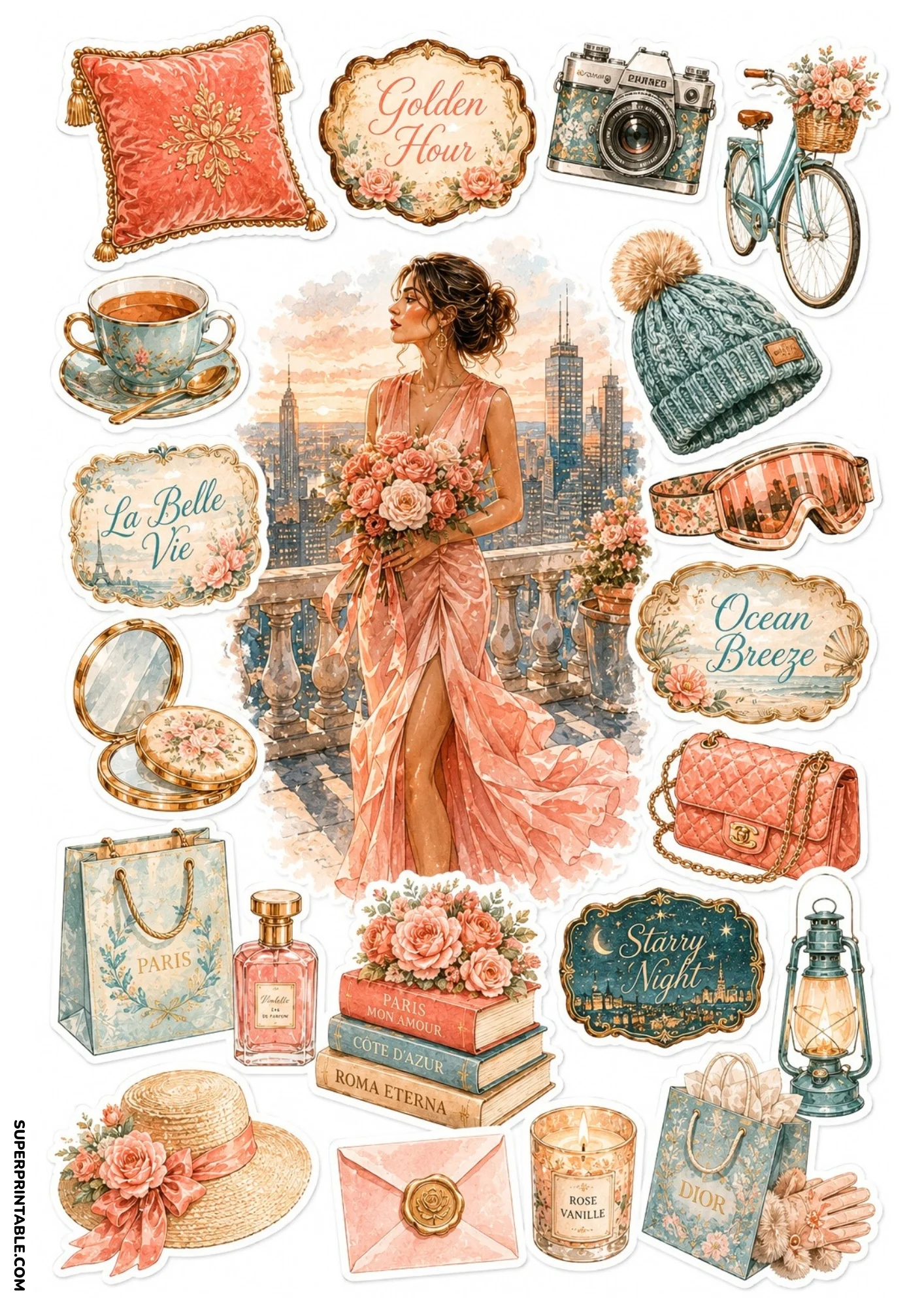 Romantic pastel sticker sheet featuring a woman in a pink gown holding flowers on a city terrace, surrounded by quilted handbags, stacked books, floral bikes, and vintage perfume bottles.