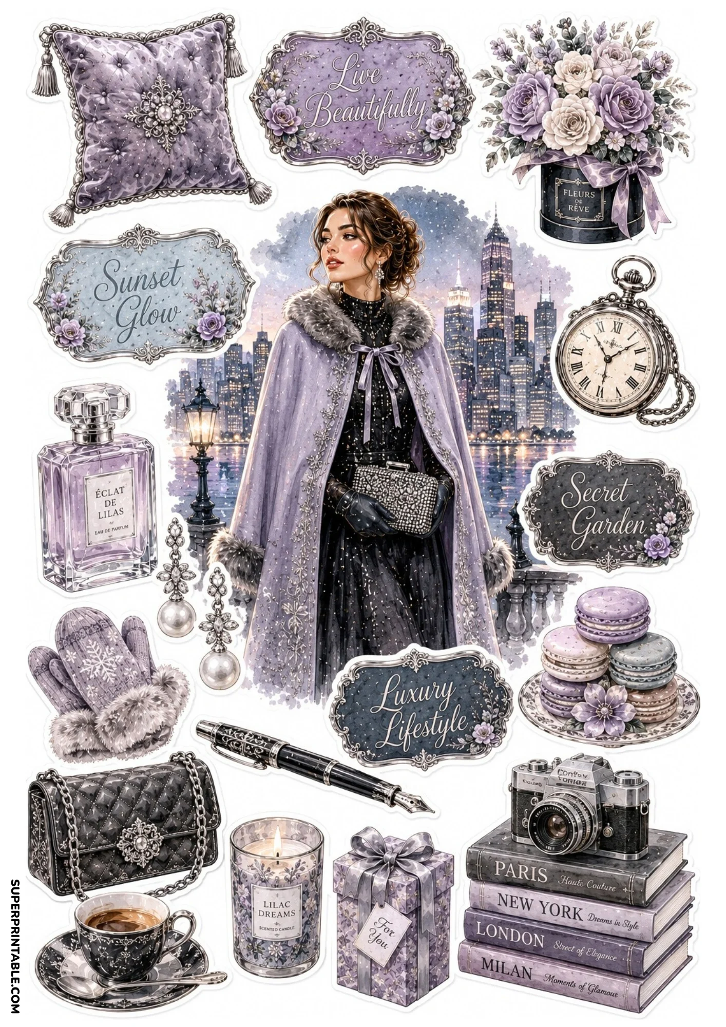 Lilac and purple luxury sticker sheet showing a woman in a fur cape before a city skyline at night, with stickers of pearl earrings, macarons, lilac candles, and fountain pens.