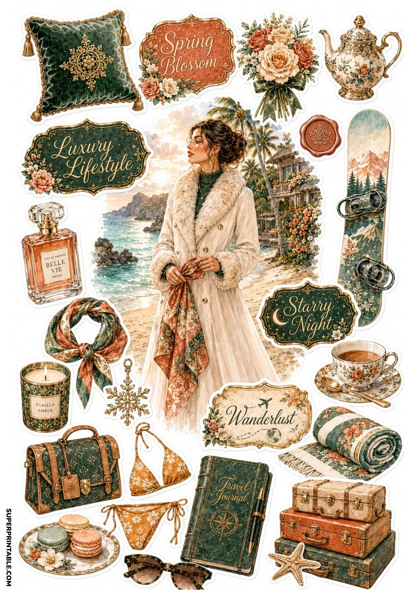 Beachfront luxury sticker sheet featuring a woman in a fur-trimmed coat on a tropical coastline, surrounded by stacked luggage, teapots, floral bouquets, and bikinis.