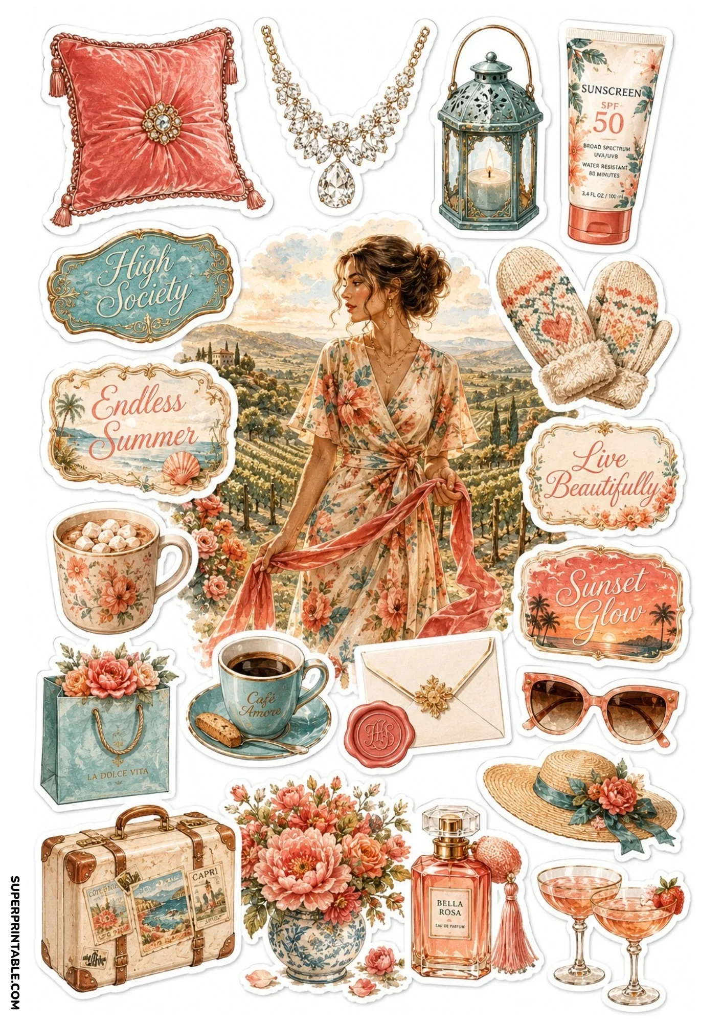 Watercolor printable sticker sheet centered on a woman in a floral dress in a vineyard, surrounded by vintage suitcases, cocktail glasses, straw hats, and warm summer accessories.