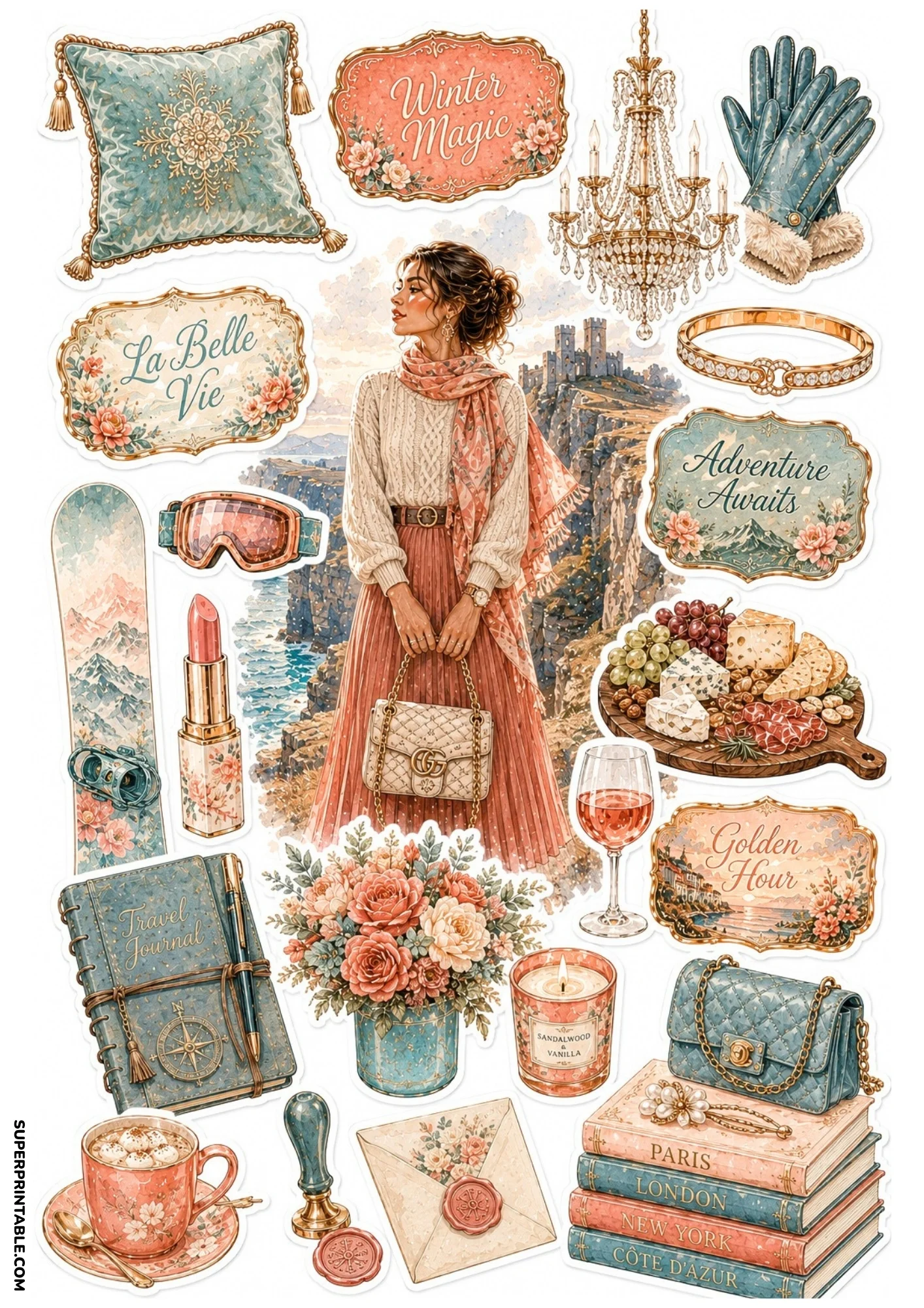 Winter travel themed sticker sheet showing a woman in a sweater on a coastal cliff, surrounded by ski snowboards, hot chocolate, leather travel journals, and quilted purses.