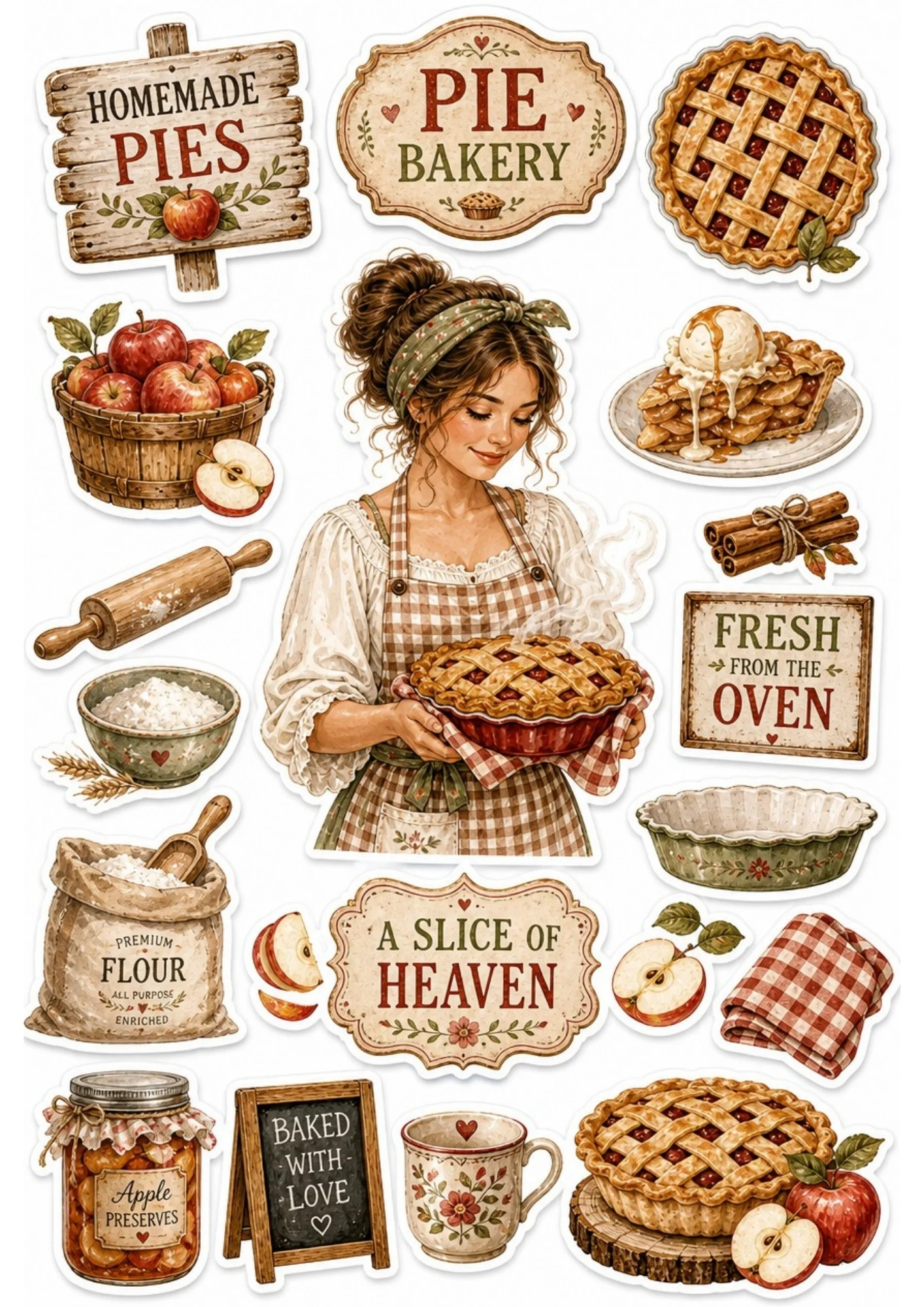 A girl holding a freshly baked apple pie alongside her white cat. Surrounding stickers include raw pies, cinnamon sticks, flour sacks, and text saying 'Homemade Pies' and 'Pie Bakery'.