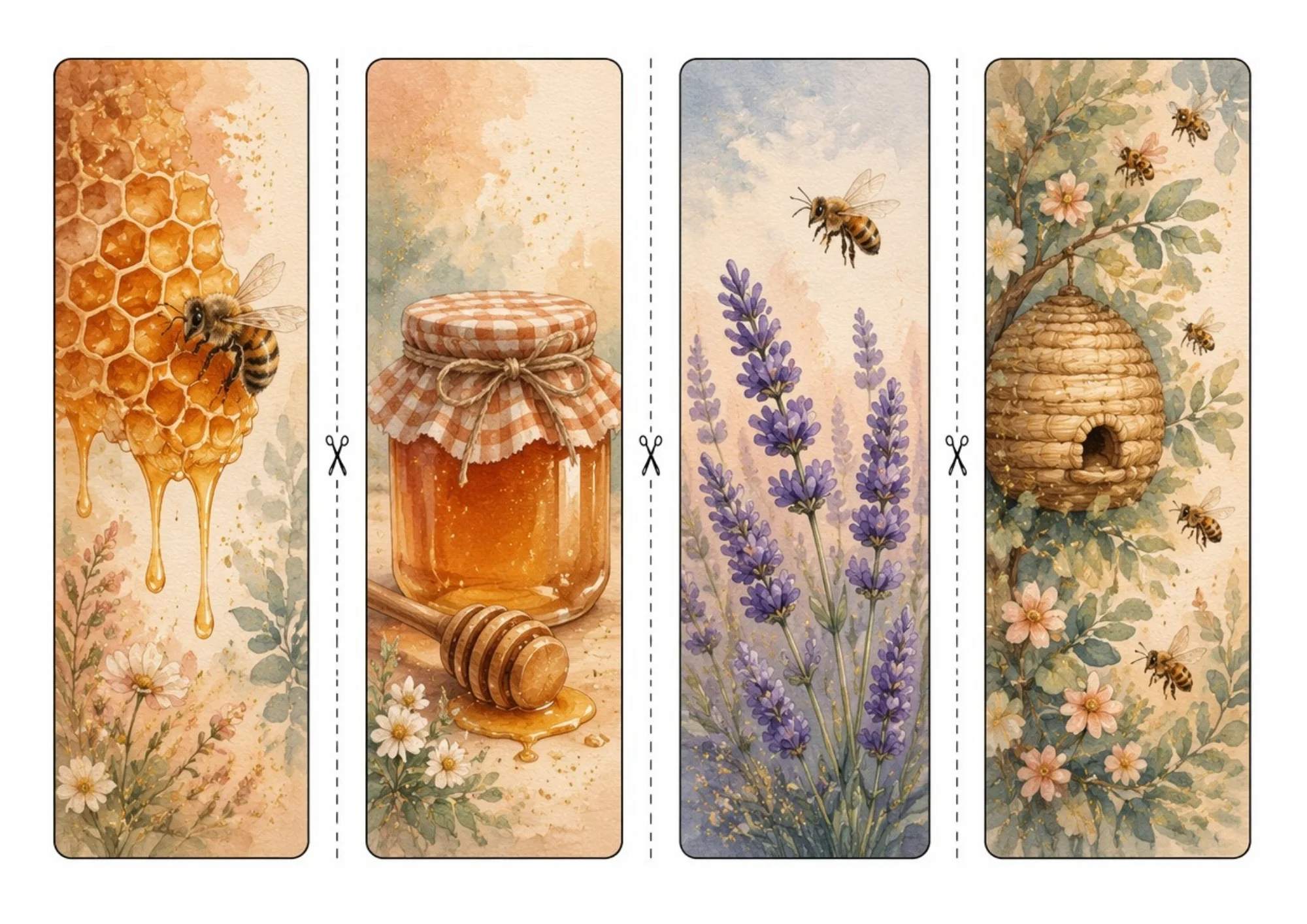 Four botanical printable bookmarks portraying a dripping honeycomb, a glass honey jar with a dipper, purple lavender with bees, and a straw beehive.