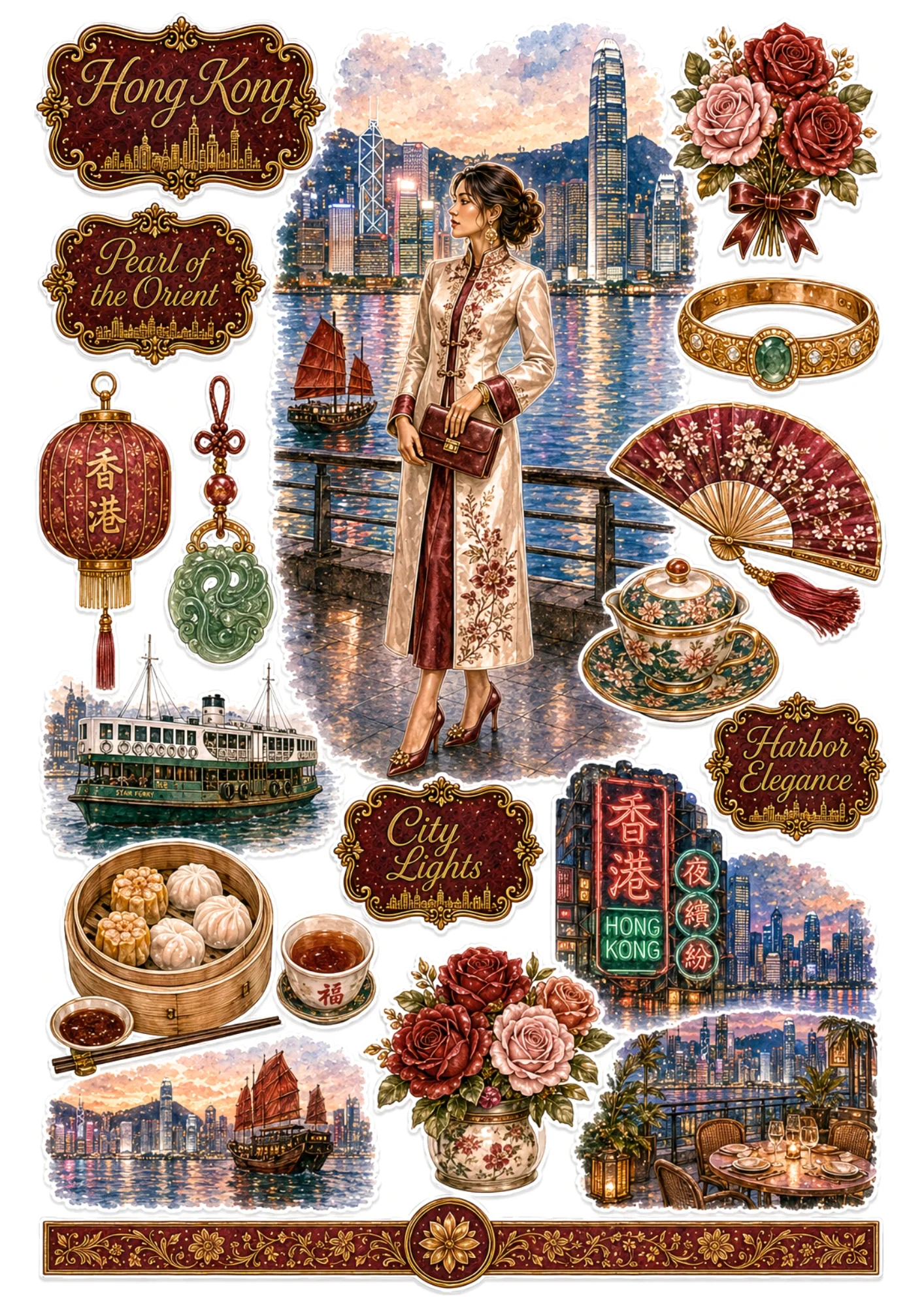 Hong Kong sticker sheet featuring a woman in a cheongsam qipao at Victoria Harbour, red Aqua Luna junk boat, and jade pendant.