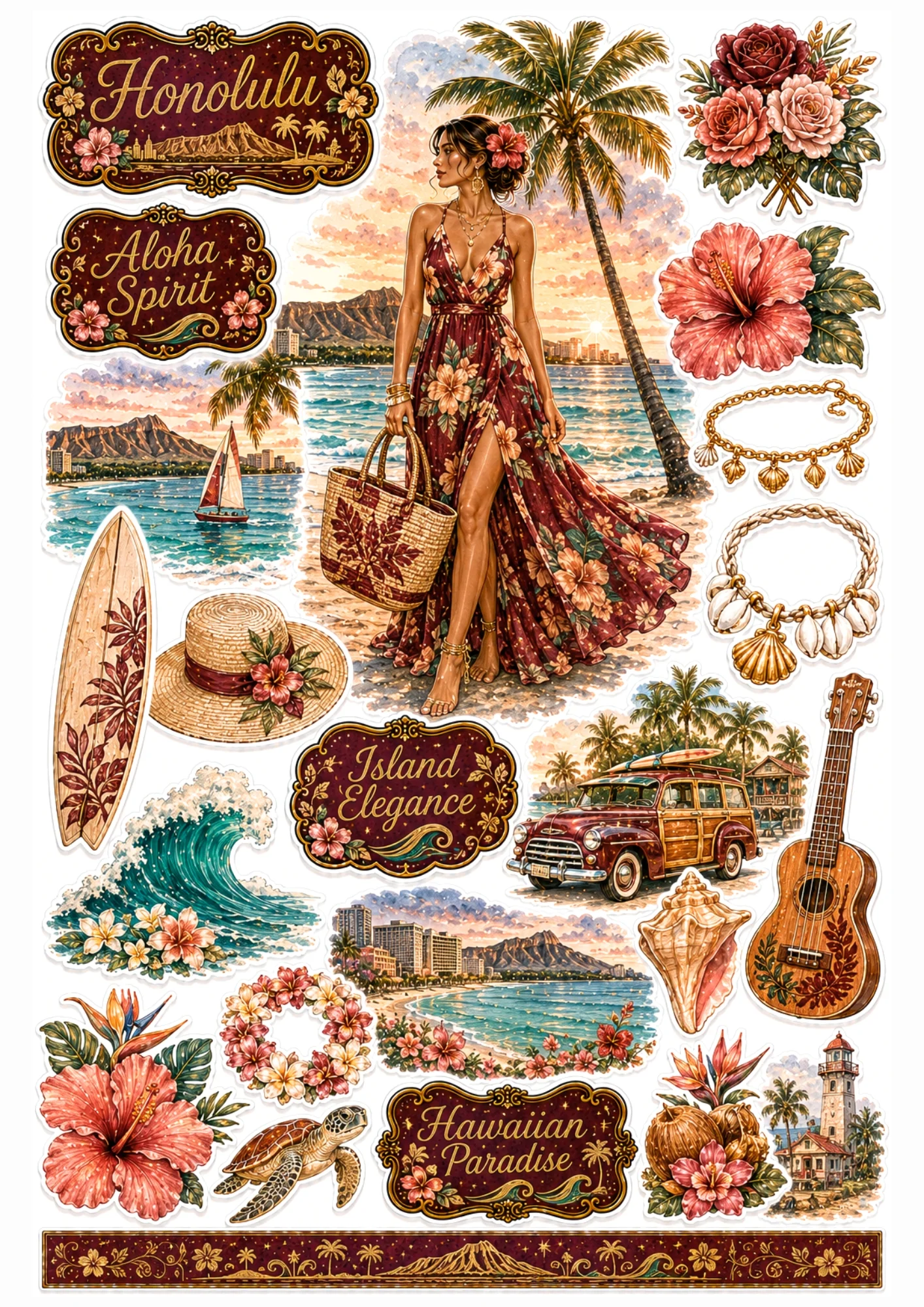 Honolulu sticker sheet displaying a woman in a floral dress on Waikiki Beach with Diamond Head crater, ukulele, and sea turtle.