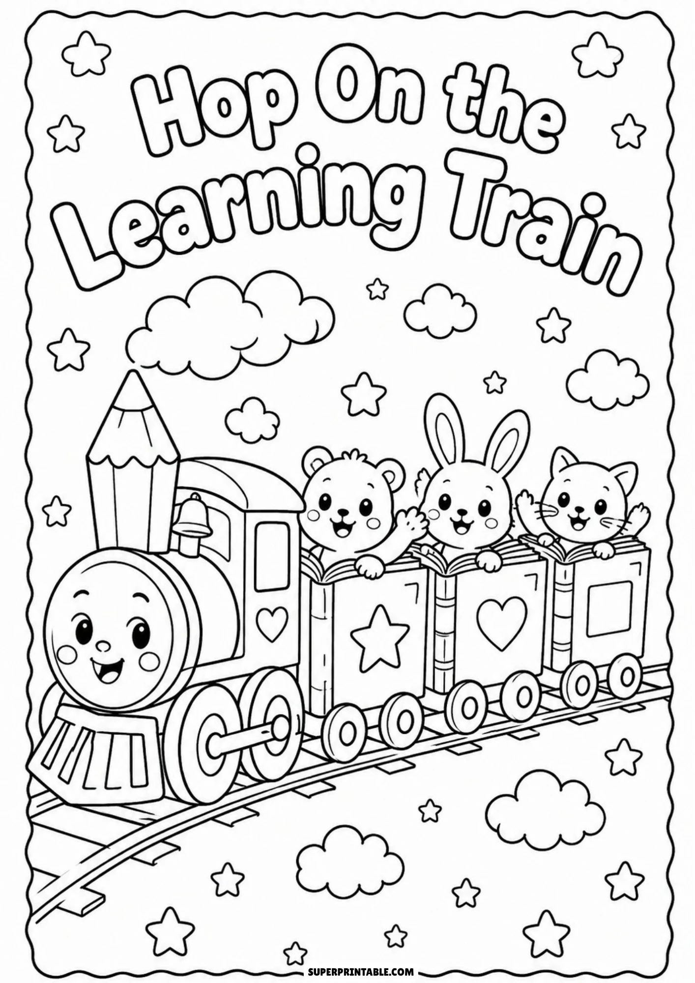 A coloring page showing a cartoon train with a pencil smokestack and three cute animals waving from carriages designed like open books under the text Hop On the Learning Train.