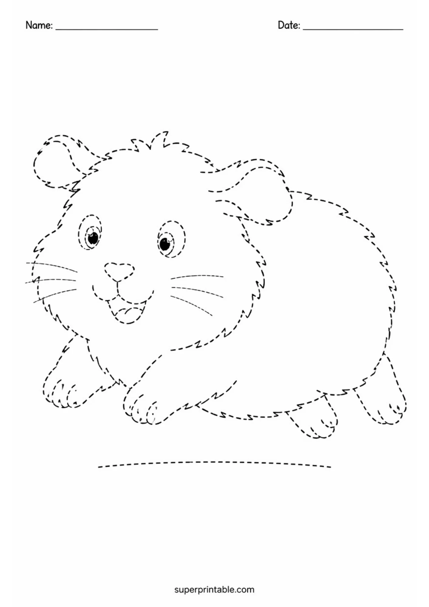 Black line art educational tracing page featuring a happy guinea pig hopping in mid-air with outstretched paws, dashed ground line, and top name and date header lines.