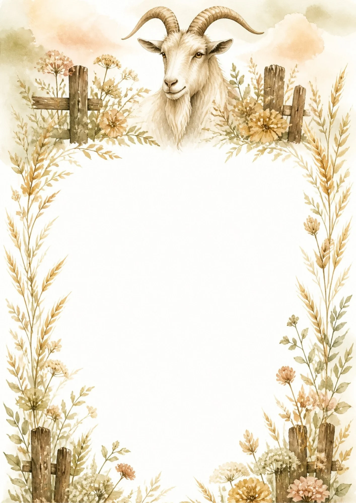 A horned goat head is centered at the top header between golden wheat stalks.