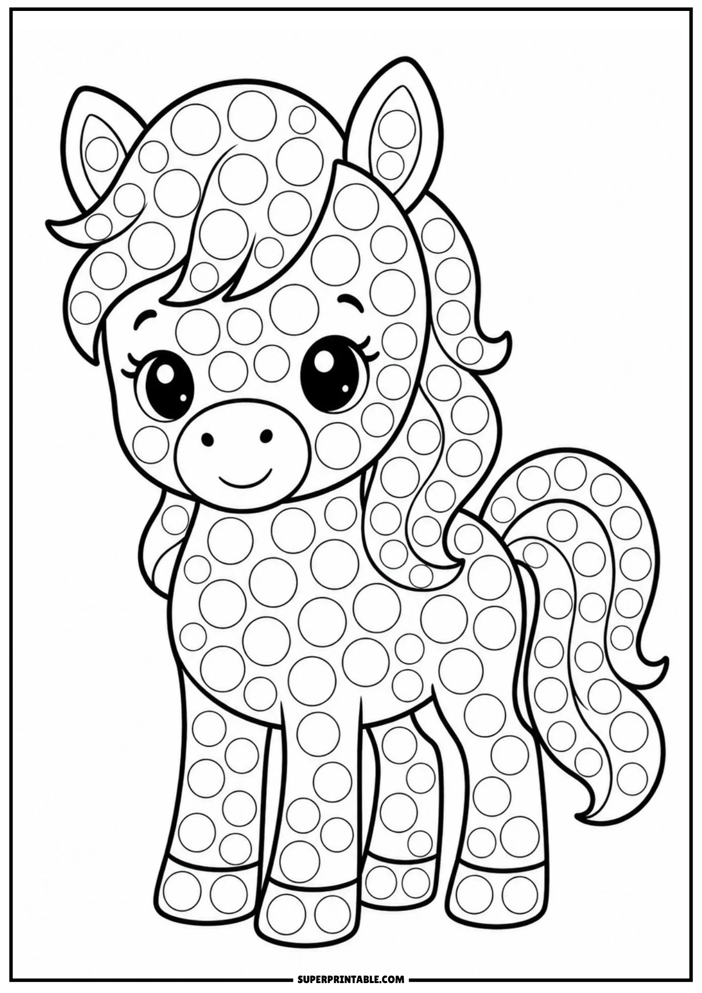 A cute cartoon pony standing on all fours with a wavy mane, covered in circular dot markers.