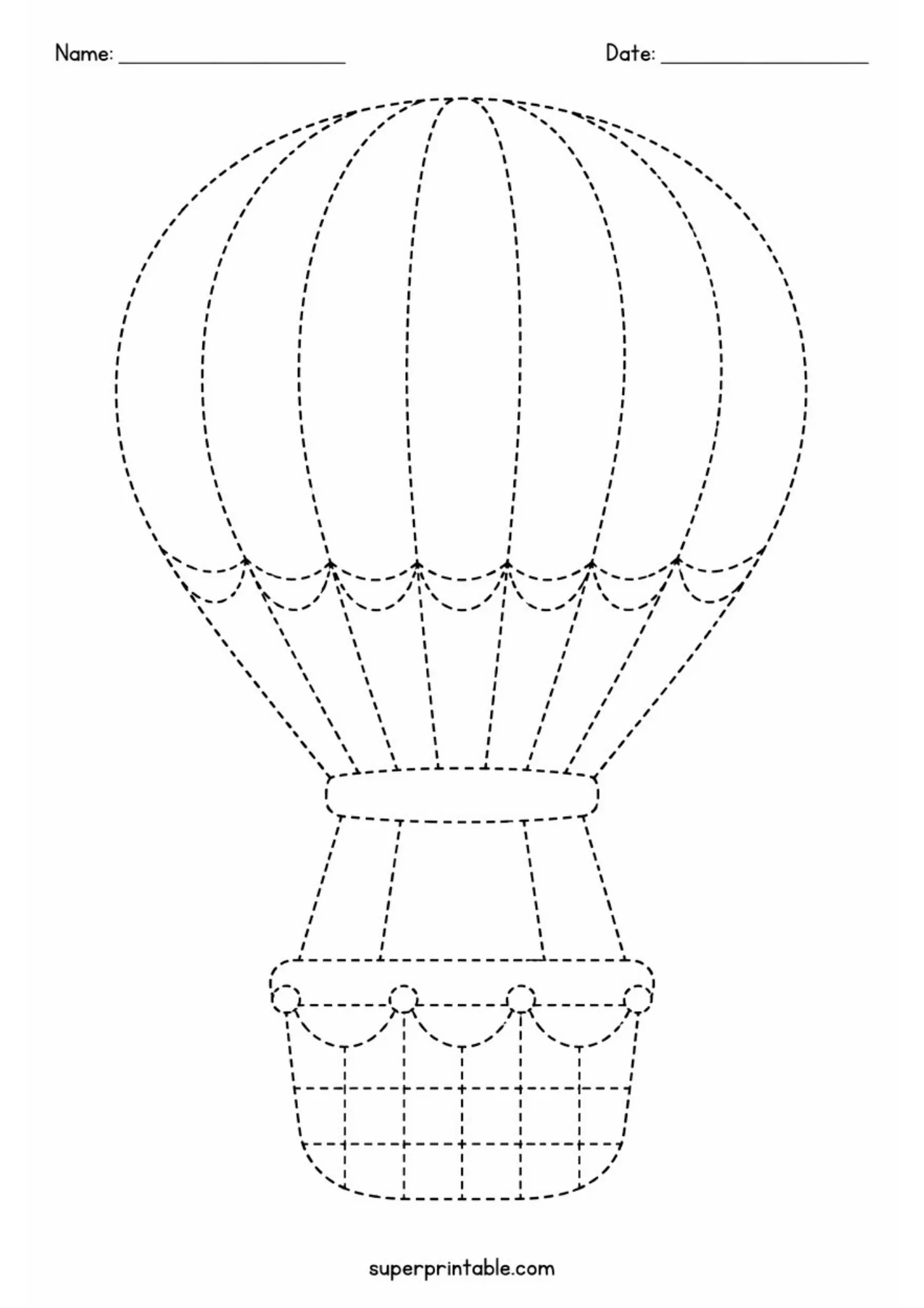 Black and white dashed line tracing printable featuring a hot air balloon with a patterned basket.