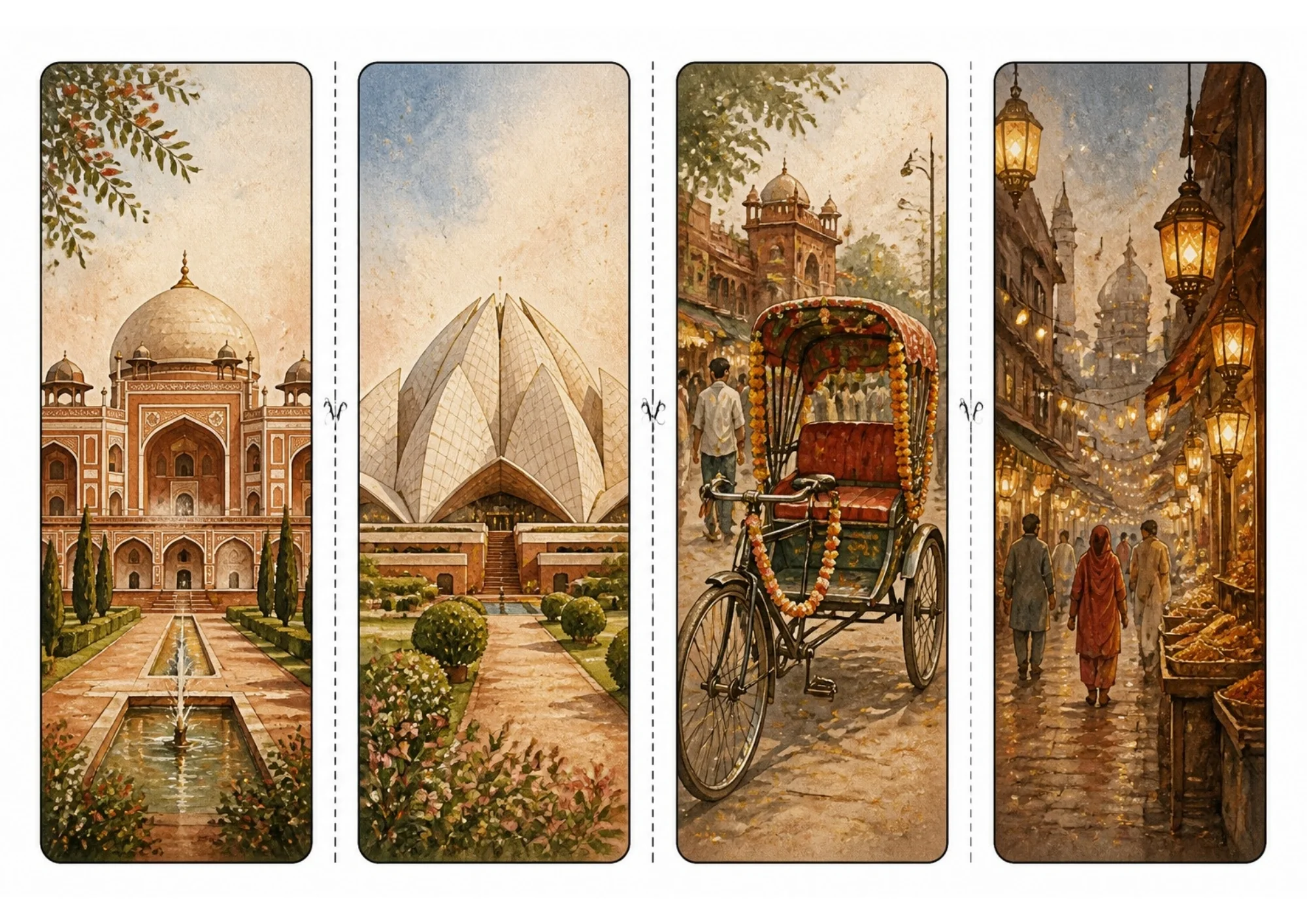 Printable page containing four bookmarks featuring watercolor artwork of Humayun's Tomb garden, Lotus Temple, a decorated cycle rickshaw, and Chandni Chowk night market with lanterns.