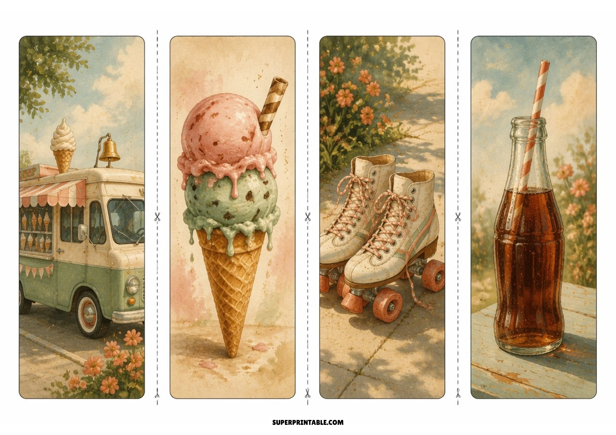Four retro printable bookmarks illustrating a vintage ice cream truck, a double scoop ice cream cone, classic roller skates, and a glass soda bottle.