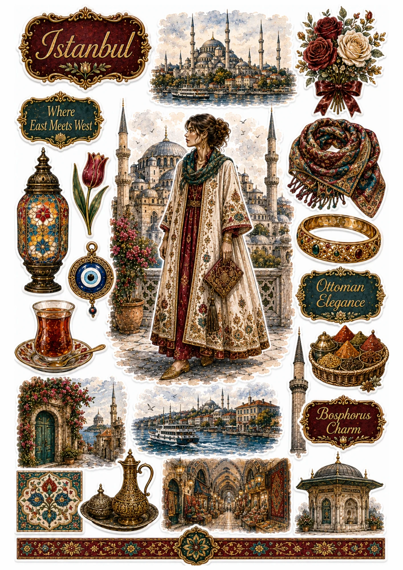 Istanbul sticker sheet depicting a woman in an embroidered kaftan at Hagia Sophia, evil eye amulet, Turkish tea, and mosaic lamp.