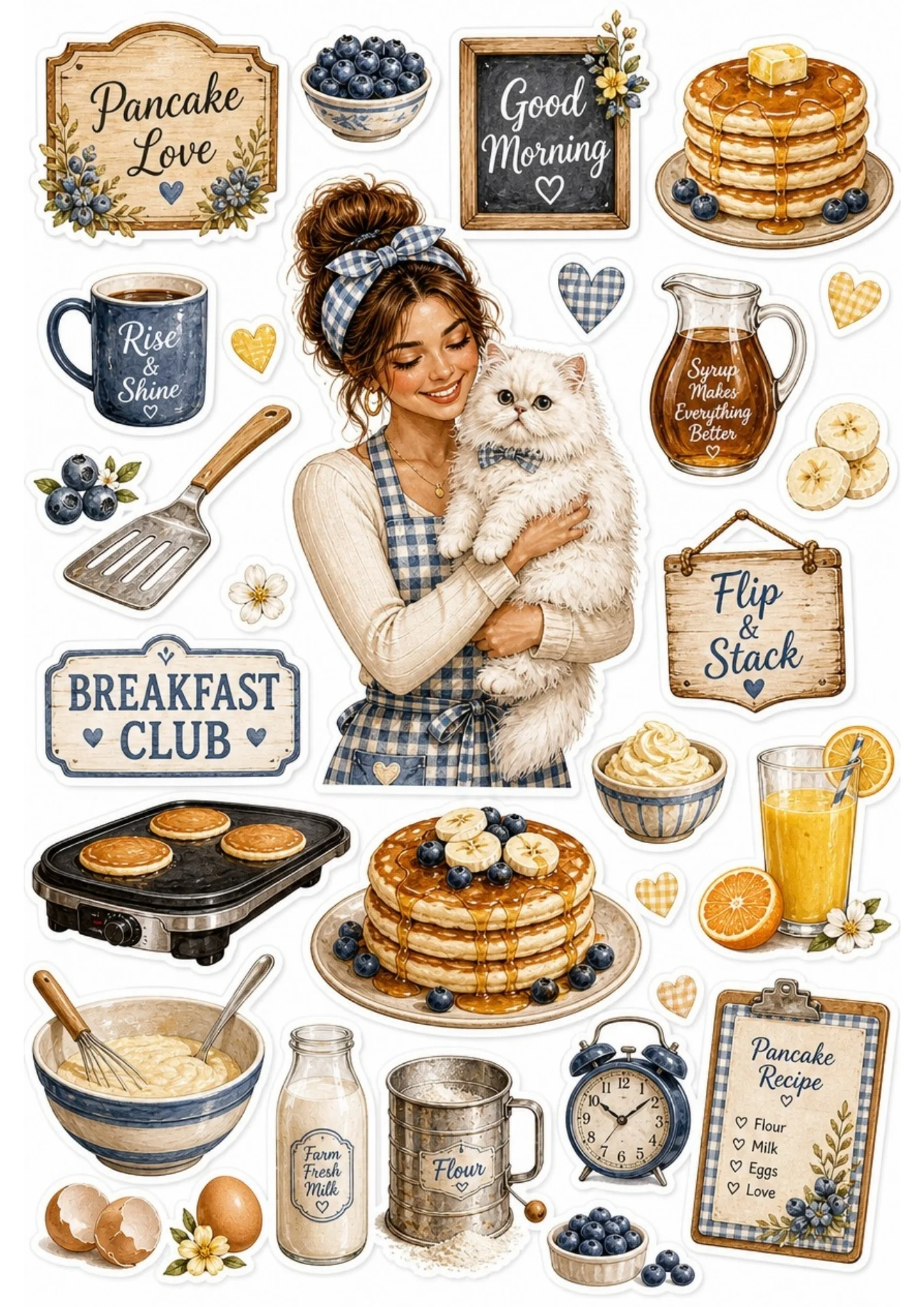 A girl making fresh pasta with a white cat in an Italian kitchen. Surrounding stickers include tomatoes, olive oil, wine, and text saying 'Buon Appetito' and 'Italian Kitchen'.