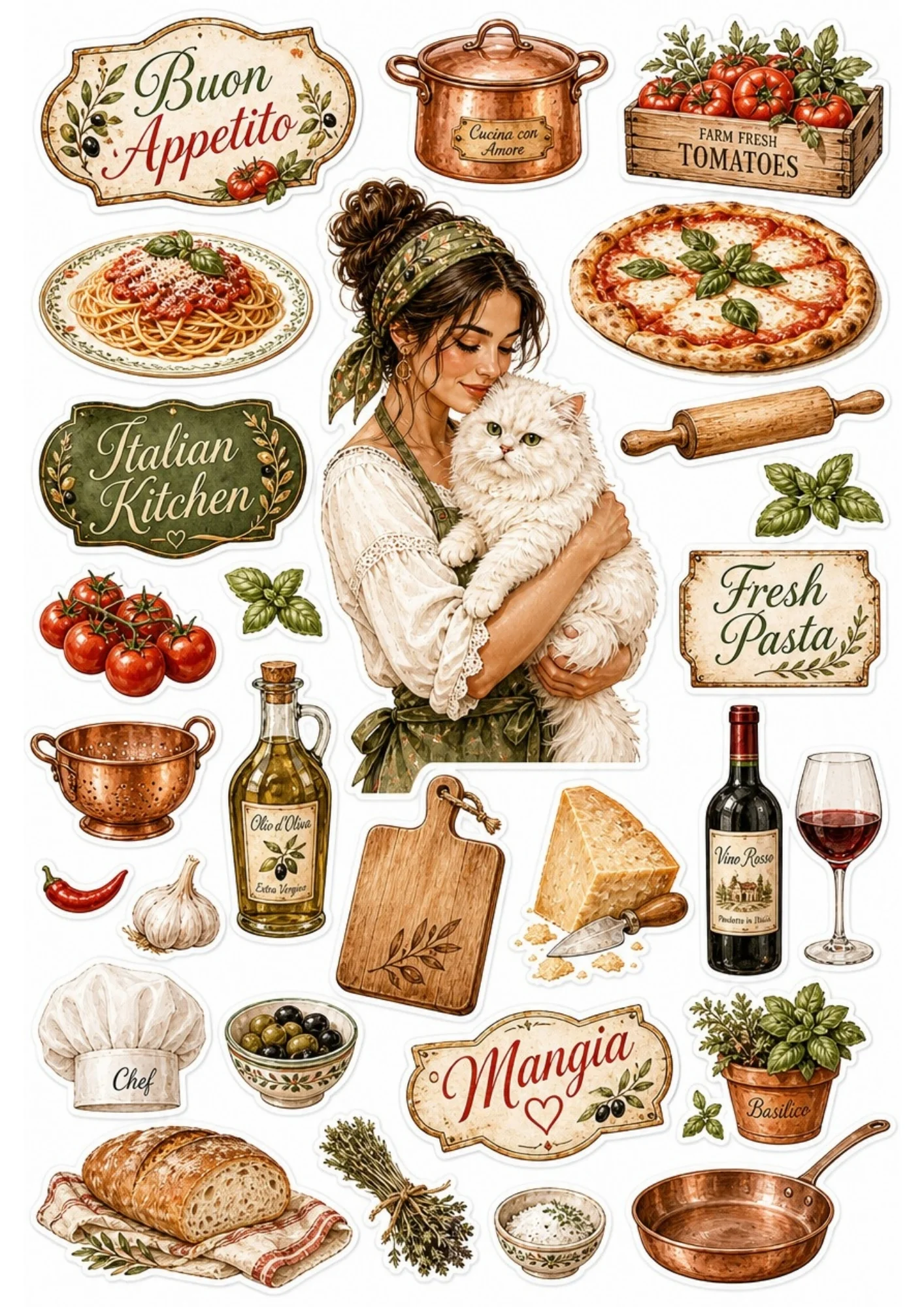 A girl making fresh homemade pasta with her white cat. Surrounding stickers include blocks of cheese, olive oil, wine, and text saying 'Buon Appetito' and 'Fresh Pasta'.