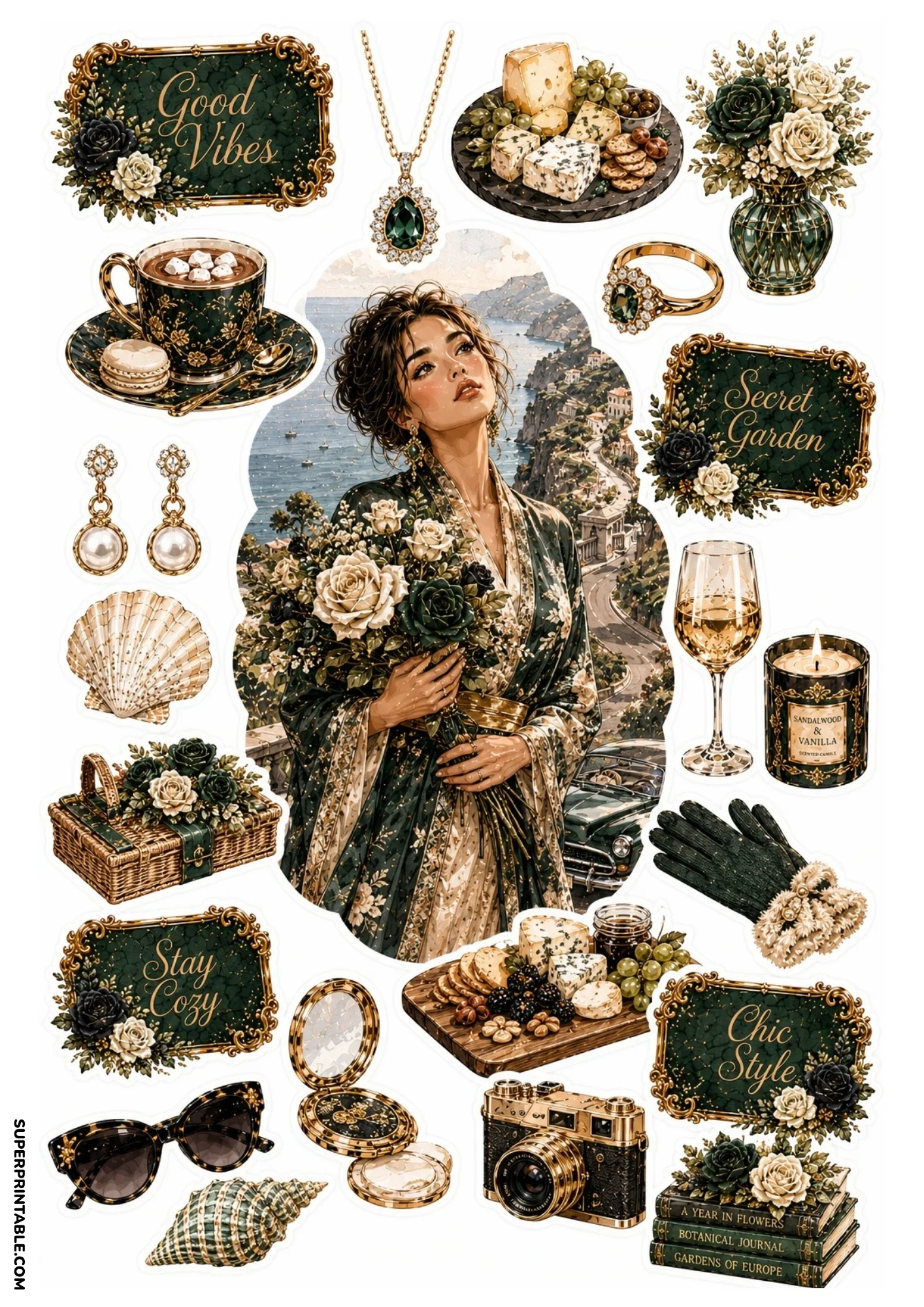 Printable sticker sheet depicting a woman with a rose bouquet over a coastal bay, paired with charcuterie cheese boards, wine glasses, and vintage book stacks.