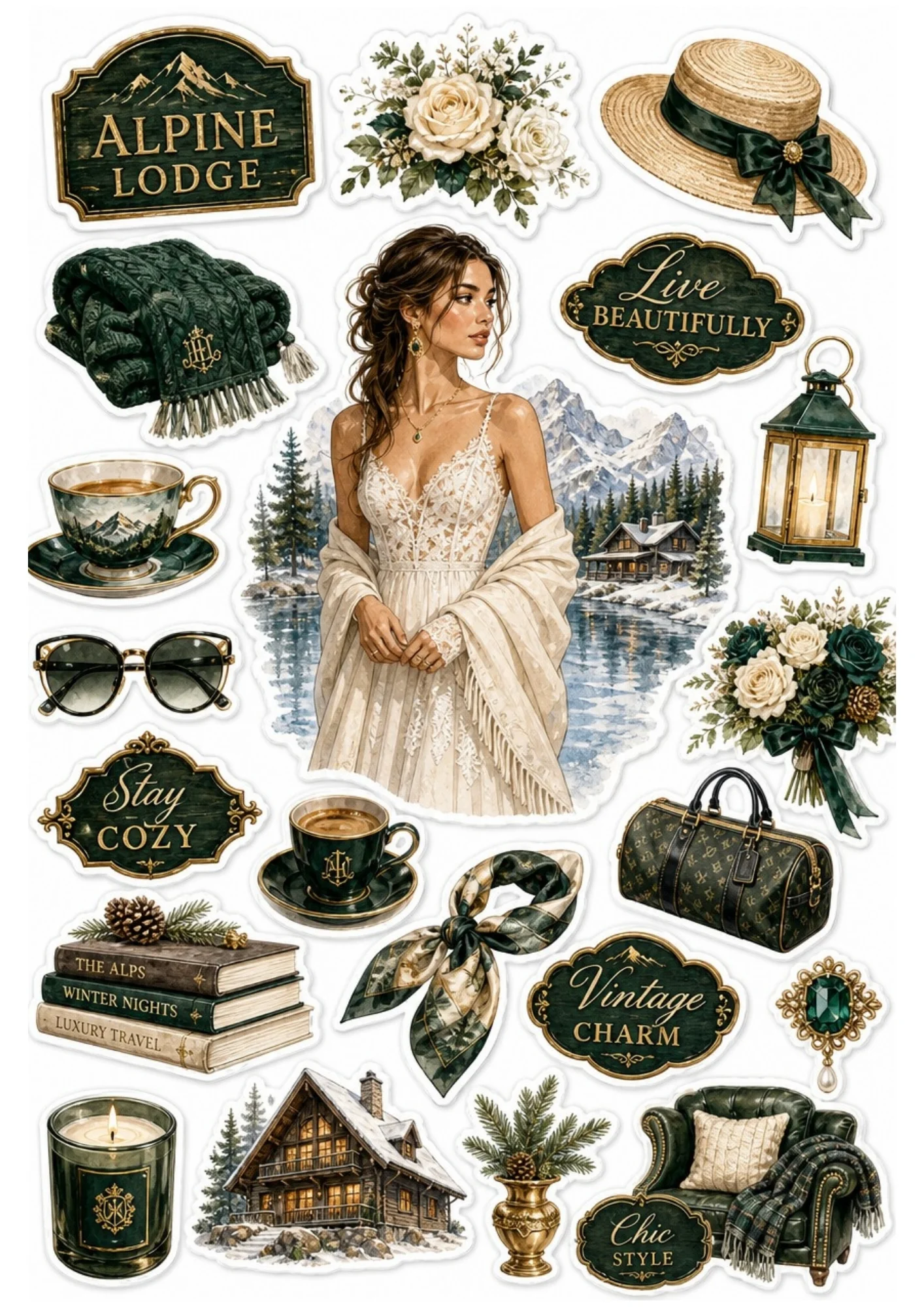 An emerald green sticker sheet showing a woman in a lace gown, dark green leather armchair, lit cabin, and brass lantern.