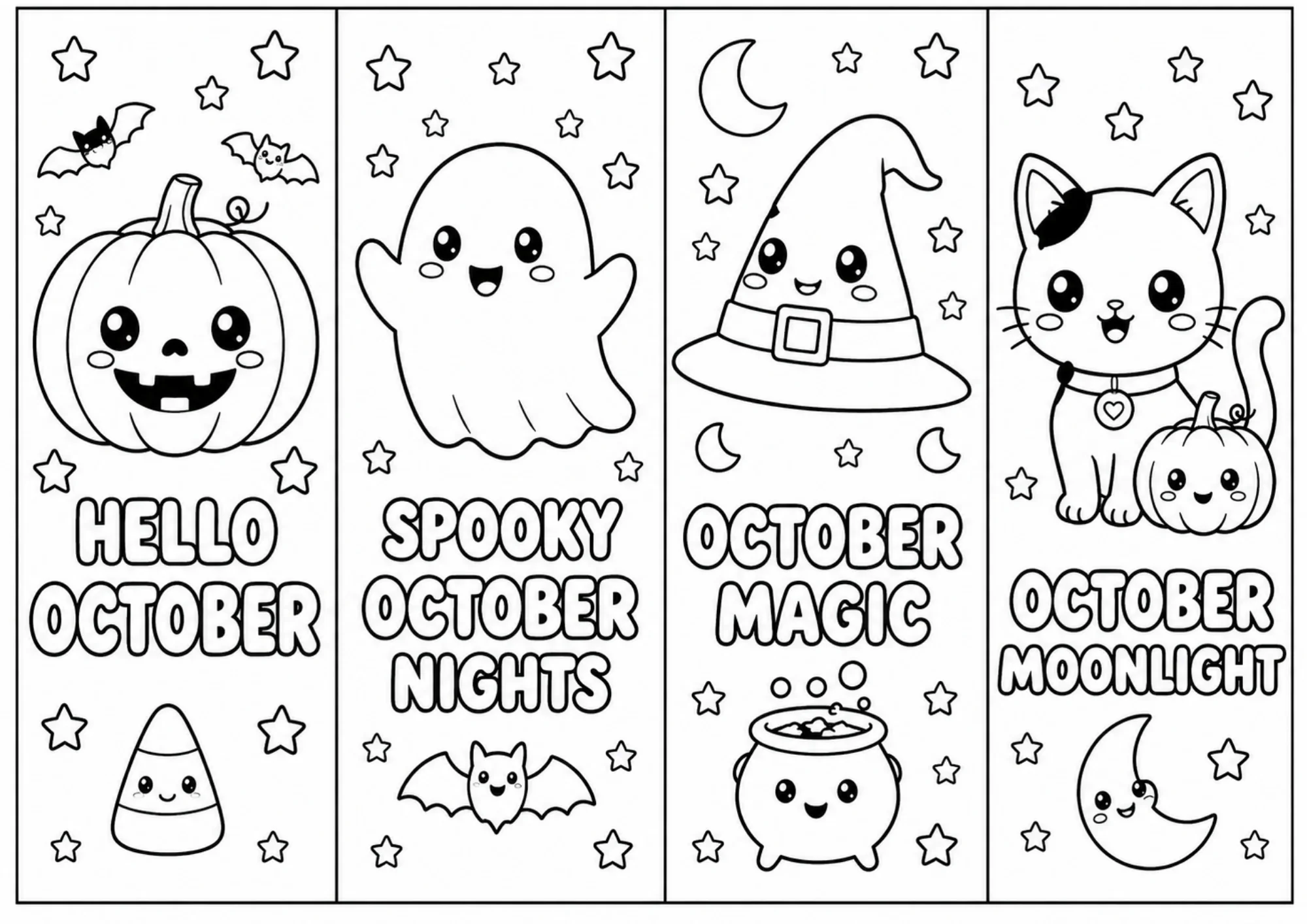 Four black and white printable bookmarks featuring a grinning pumpkin, a cute floating ghost, a witch hat above a cauldron, and a cat sitting by a pumpkin under stars.