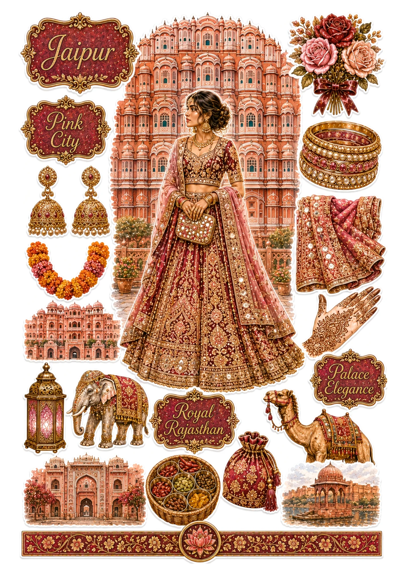 Jaipur sticker collection featuring a woman in a crimson Rajasthani lehenga at Hawa Mahal, royal elephant, and camel.