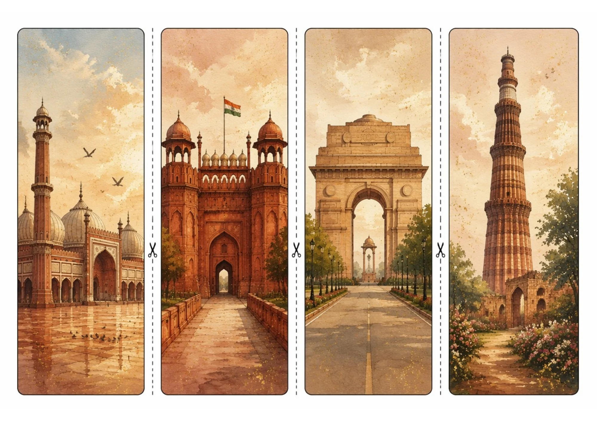 Printable sheet of four vertical bookmark designs showing watercolor illustrations of Jama Masjid, Red Fort with Indian flag, India Gate archway, and Qutub Minar tower.