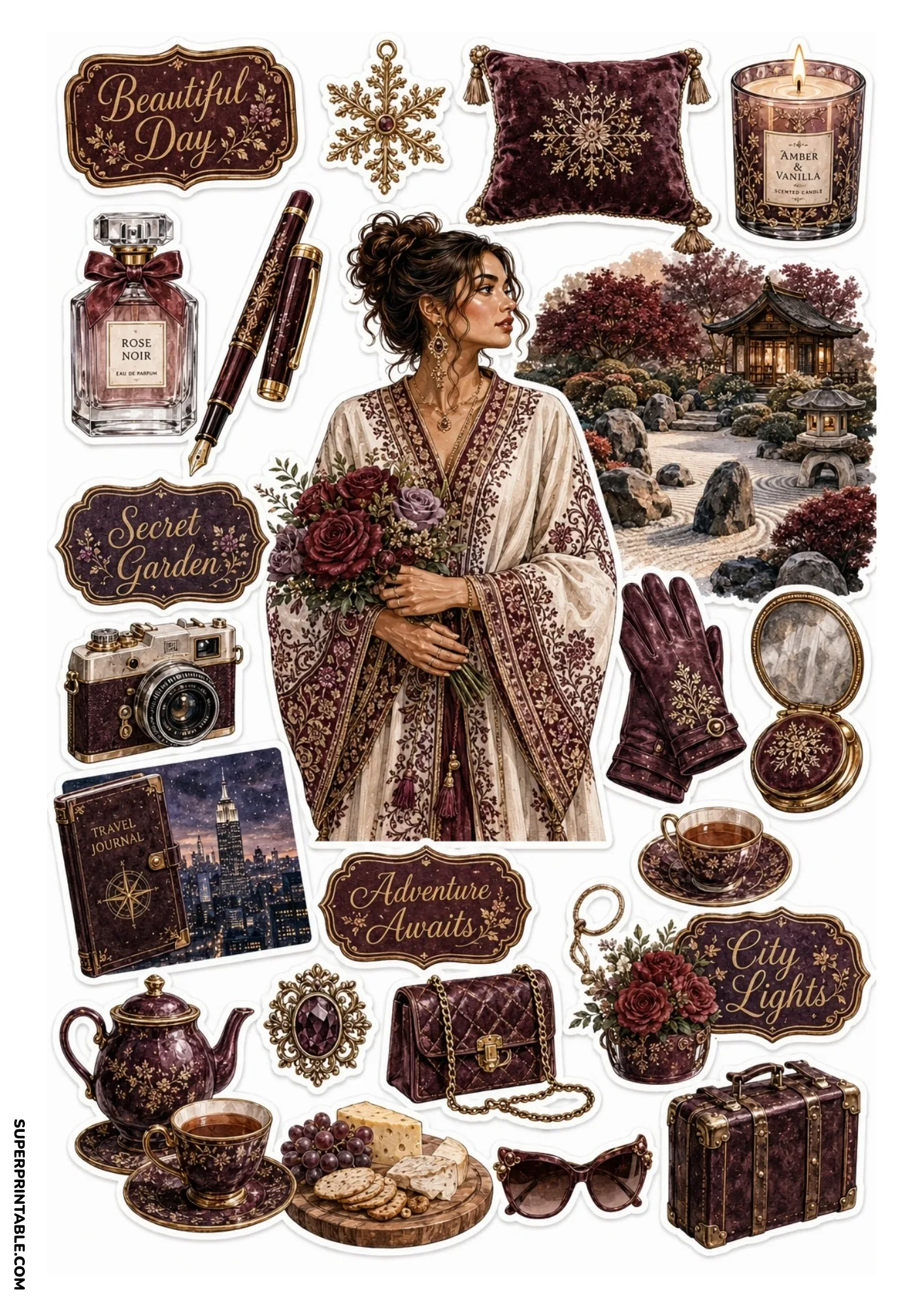 Printable sticker sheet with a central portrait in a Japanese pagoda garden, surrounded by deep maroon stickers including a NYC night skyline photo, red rose bouquet, quilted bag, and vintage trunk.