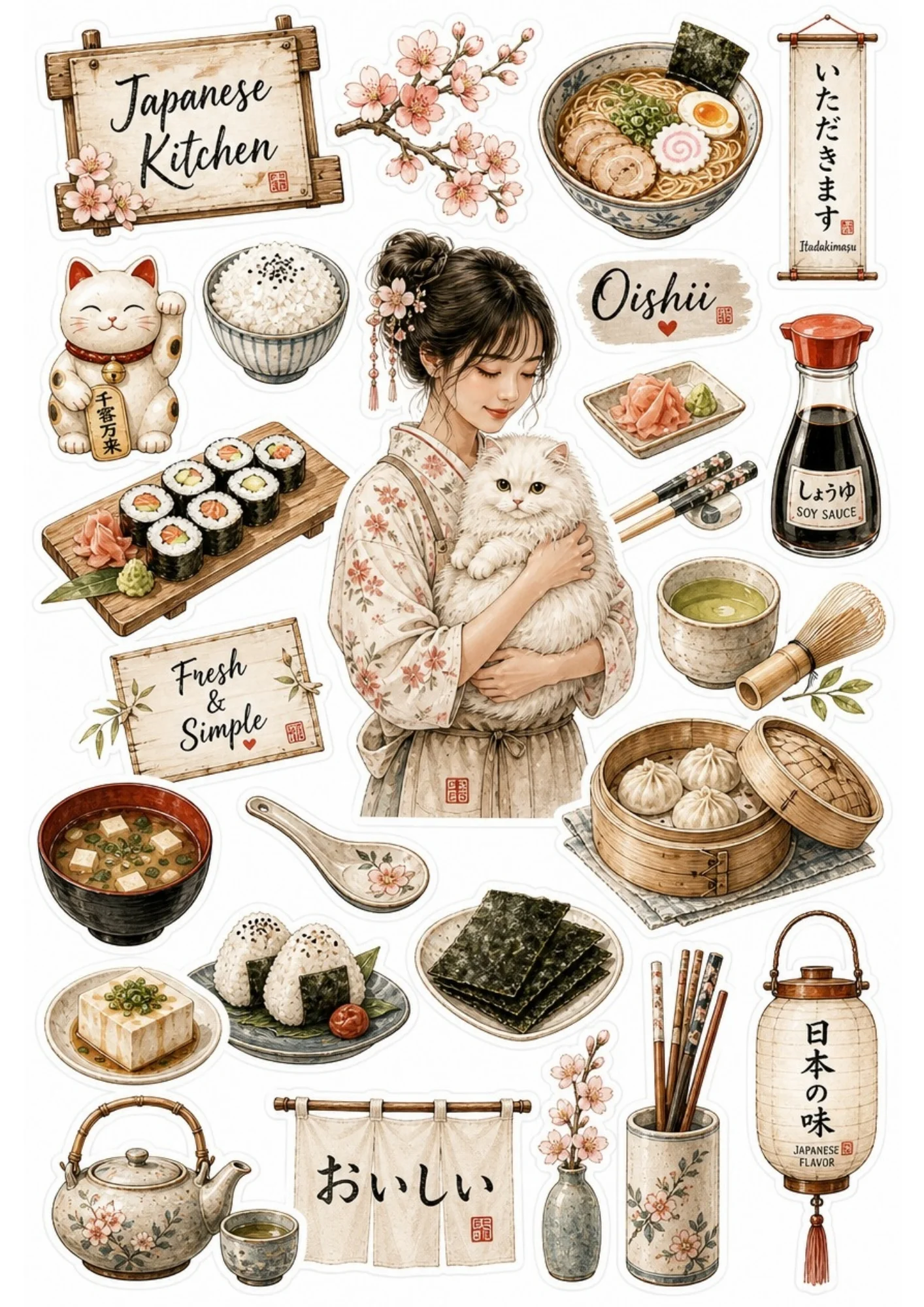 A girl preparing sushi and matcha tea with a white cat. Surrounding stickers include sushi rolls, ramen bowls, lucky cats, and text saying 'Japanese Kitchen' and 'Oishii'.