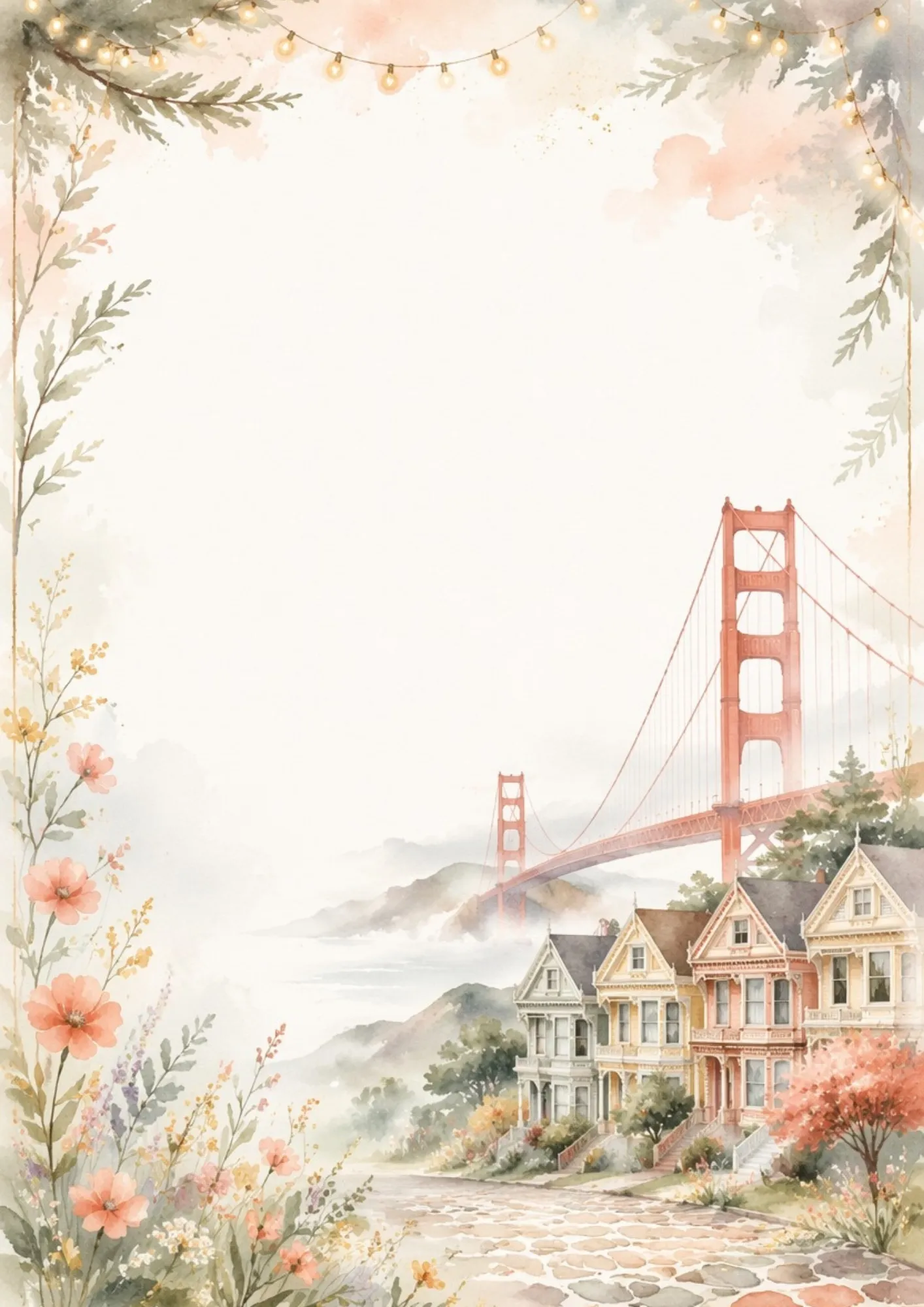 A serene writing page depicting the wooden pagoda and bridge in the Japanese Tea Garden in watercolor.