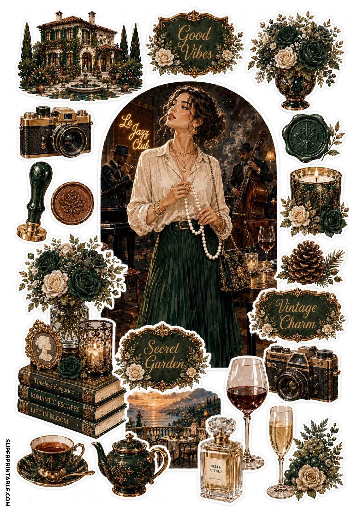 Printable sticker set featuring a woman in a jazz club with musicians, SLR camera, stack of dark green books, red wine glass, and dark floral vase.