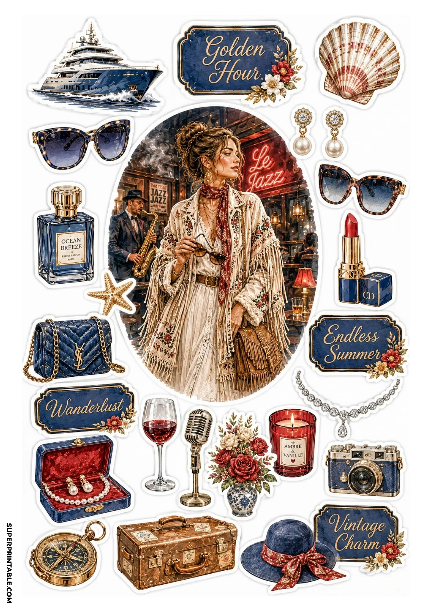 Printable sticker sheet with a central jazz club scene, surrounded by navy blue and crimson stickers including a navy superyacht, retro microphone, pearl necklace box, and wanderlust badges.