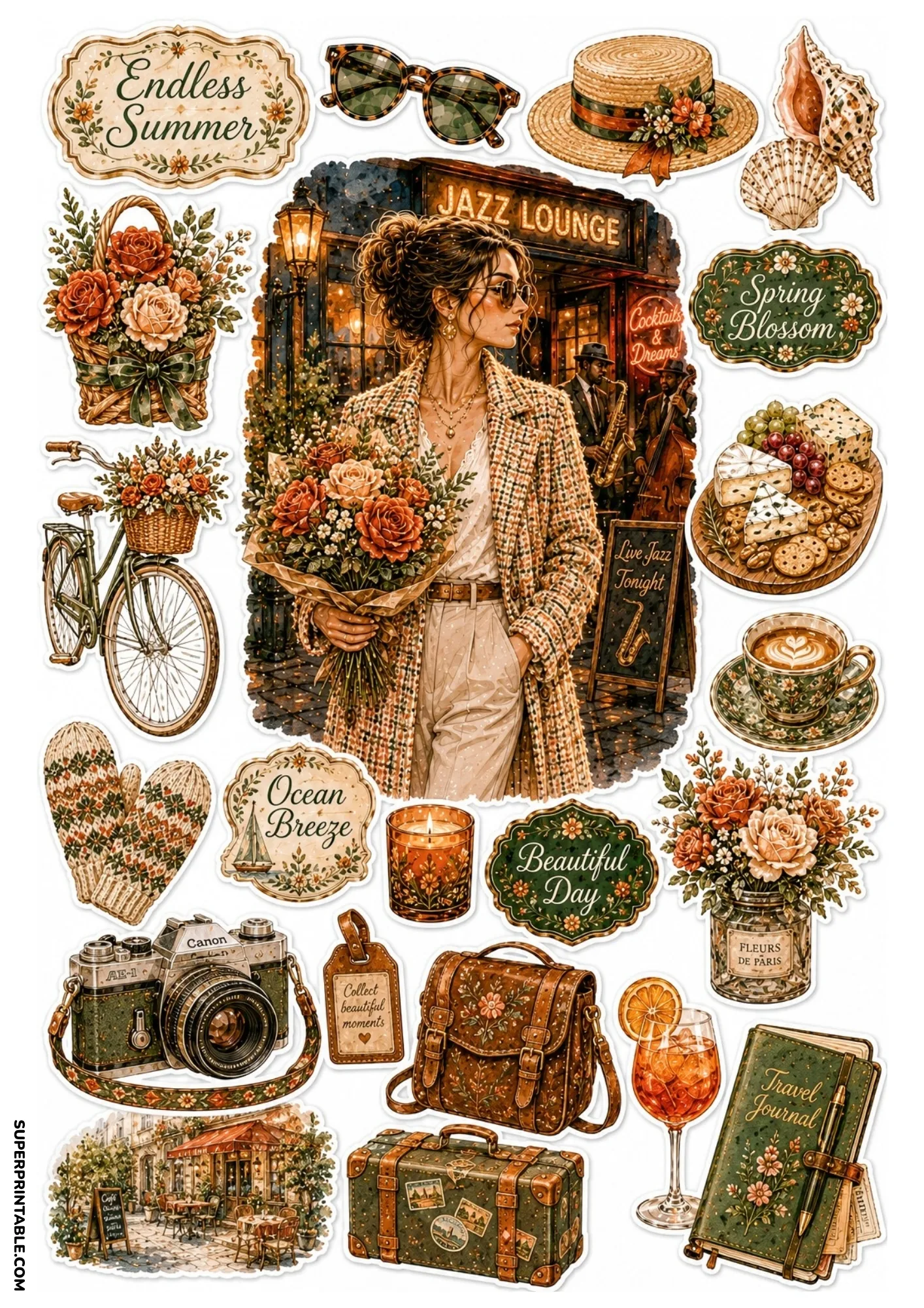 Sticker sheet showing a woman outside an evening jazz club with vintage music and travel stickers.