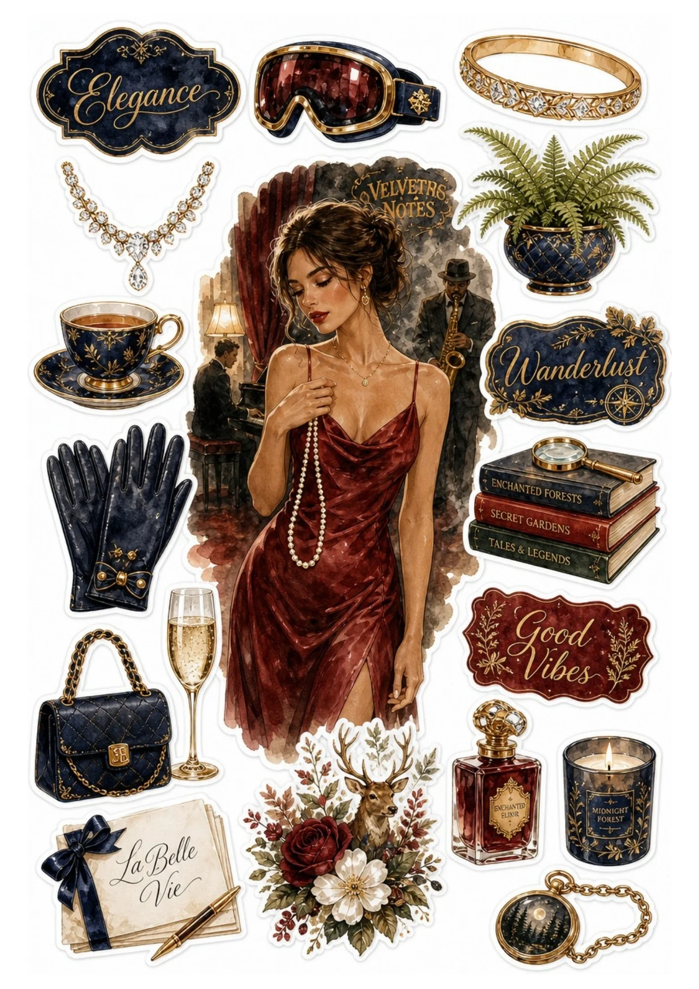 Sticker sheet showing a woman in a red dress near jazz musicians.