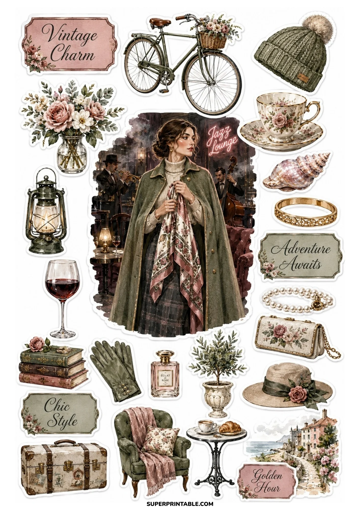 A printable sticker sheet showing a woman in a green cape in a jazz lounge, with a green bicycle, vintage books, armchair, lantern, and gloves.