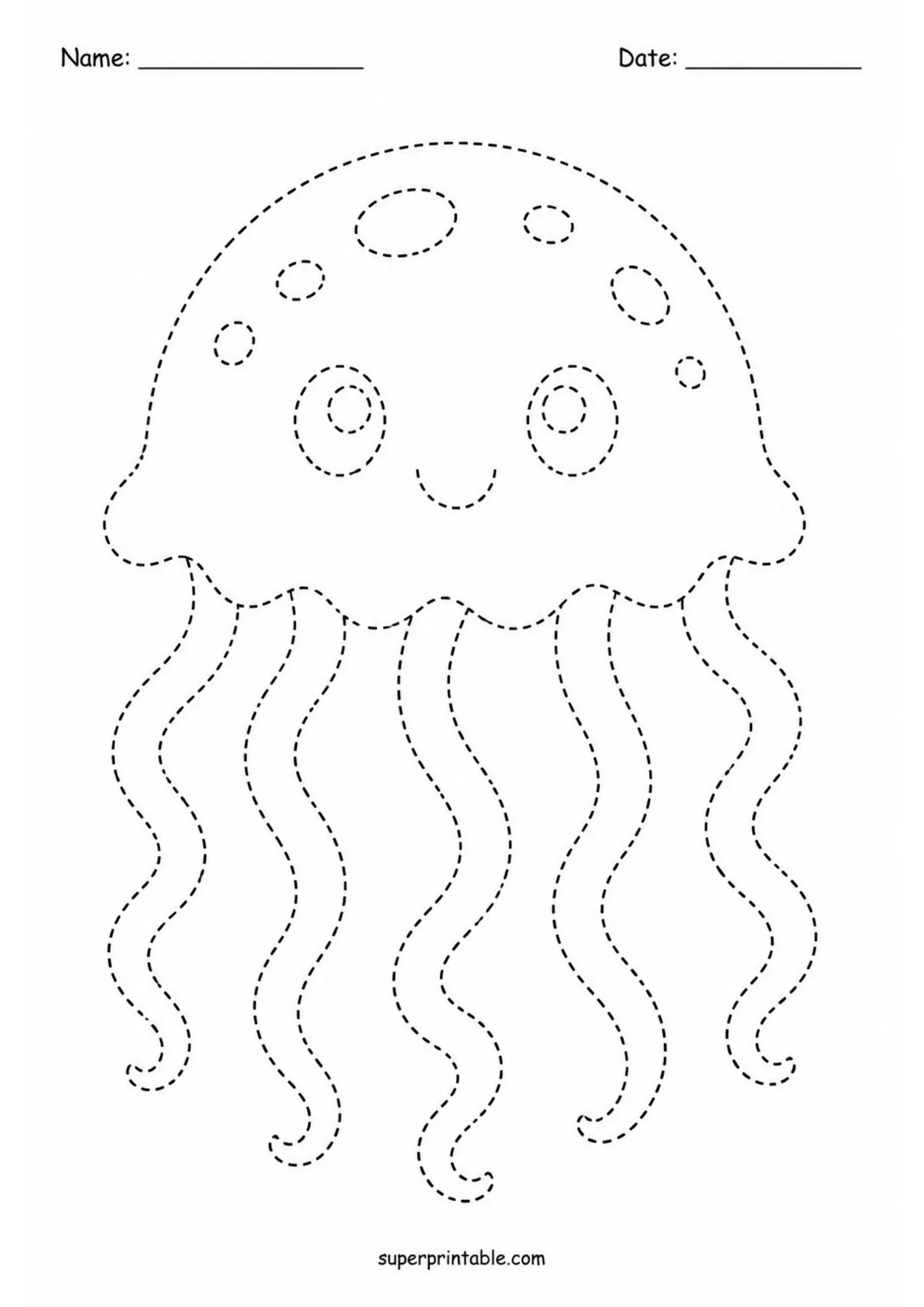 Jellyfish line tracing worksheet with wavy tentacles and dashed outlines on a white background.