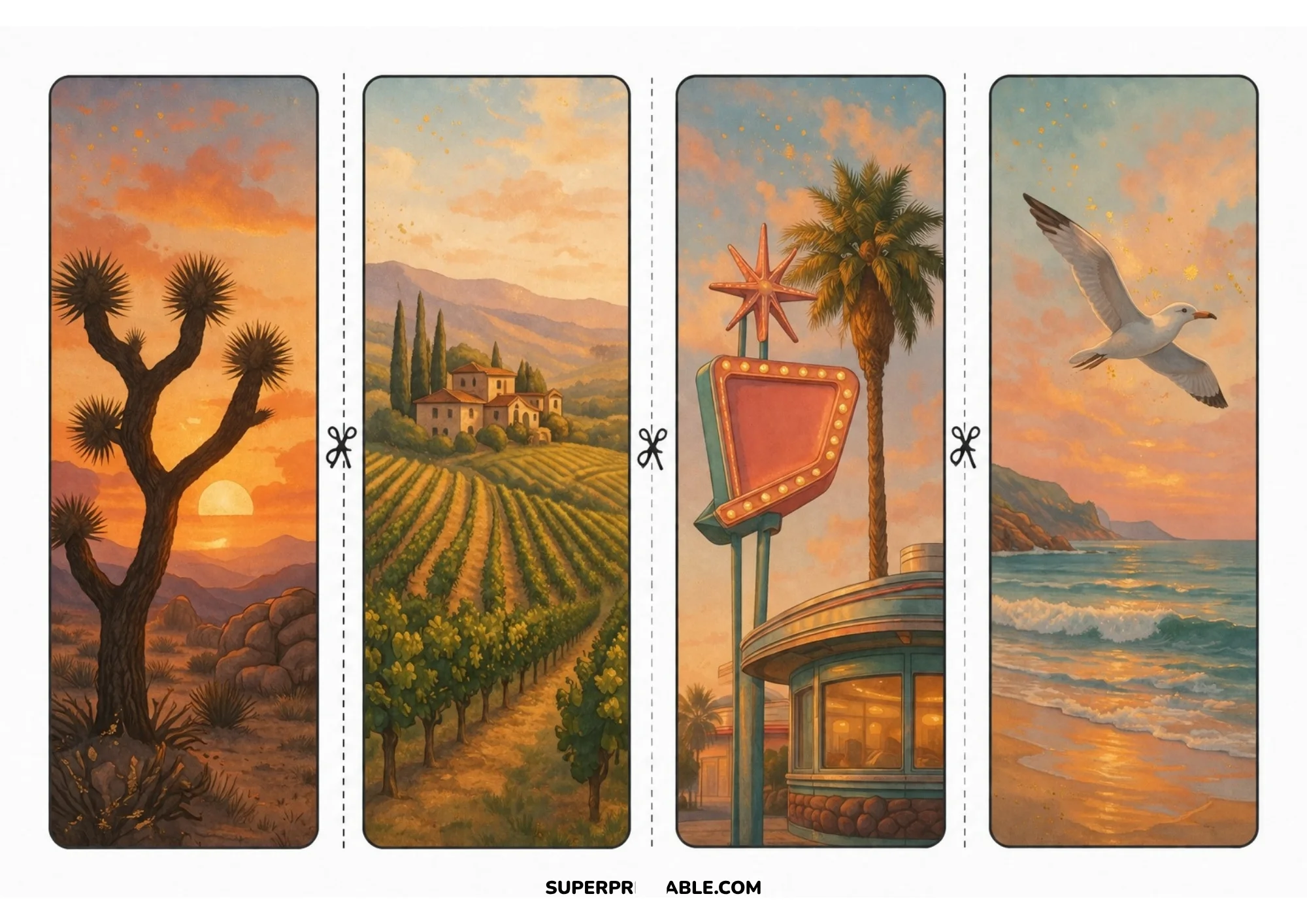 Four vertical printable bookmarks with sunset illustrations of a Joshua tree silhouette, a Napa Valley vineyard villa, a vintage roadside diner sign, and a coastal seagull.