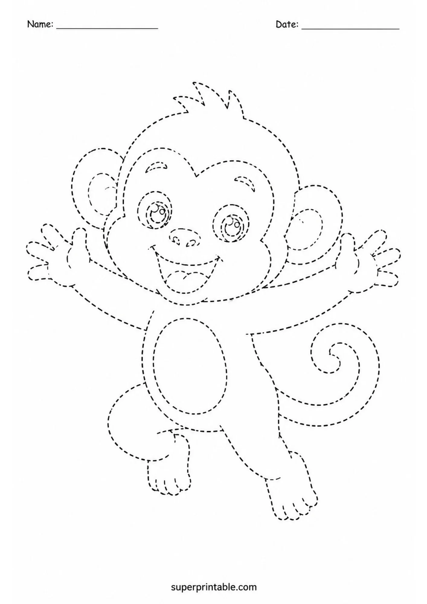 Black and white dashed line printable of a joyful baby monkey jumping into the air with arms spread wide and a wide smile.