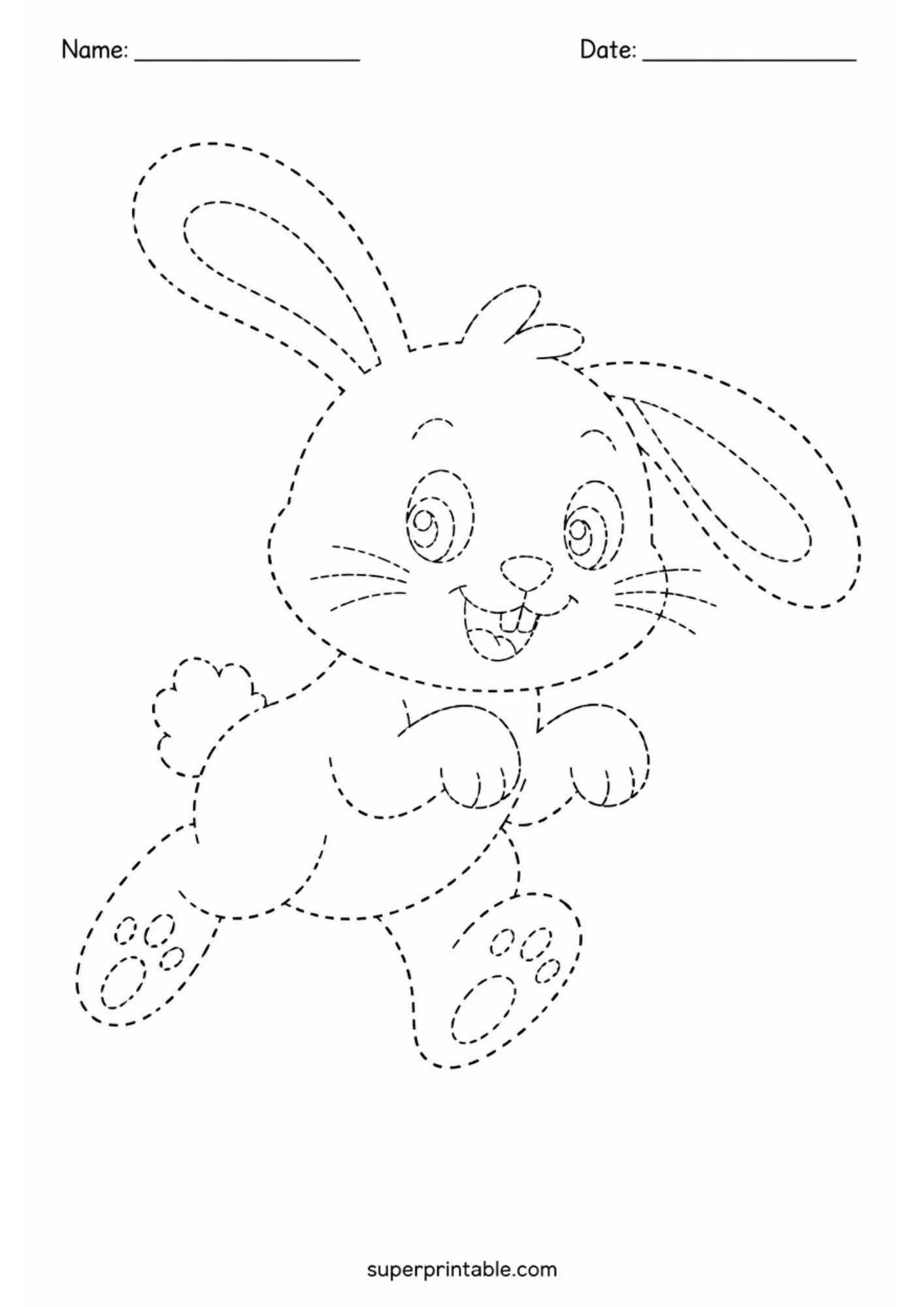 Line tracing printable sheet featuring a playful floppy-eared rabbit running with open paws and big expressive eyes in dashed outlines.