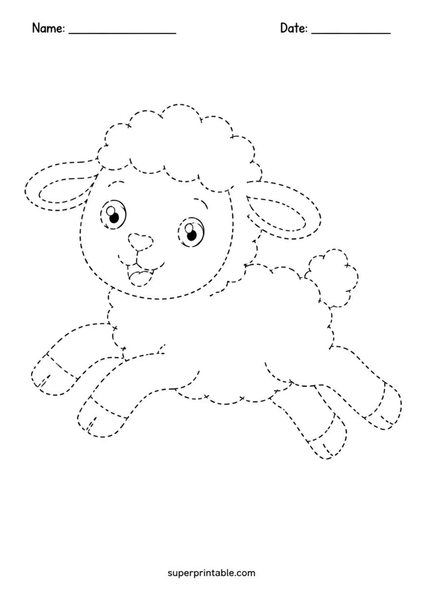 A printable tracing sheet featuring a joyful woolly lamb bounding through the air with all four legs extended and a smiling face.