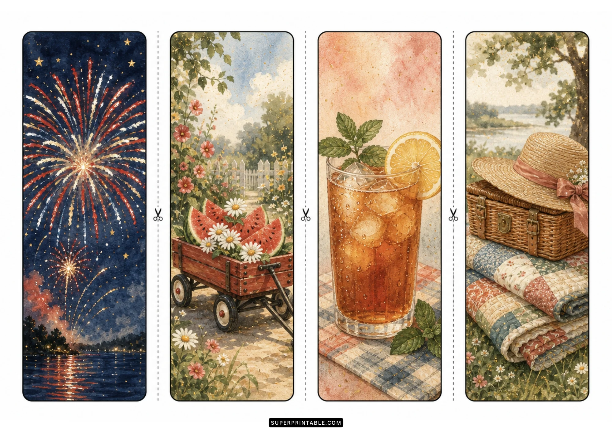Watercolor summer bookmarks with fireworks over a lake, watermelon wagon, glass of iced tea, and picnic hamper.