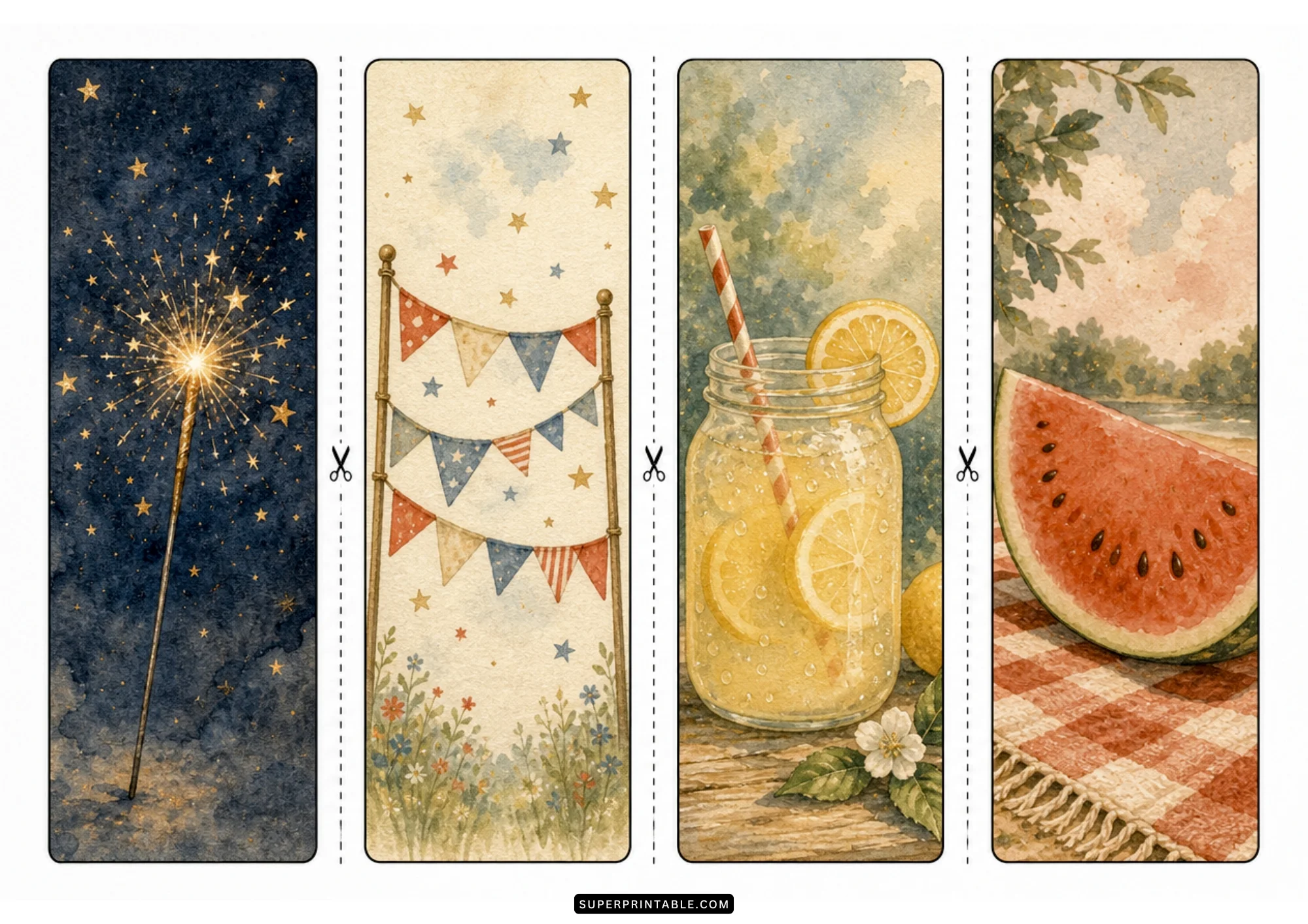 Watercolor July bookmarks featuring a sparkler, bunting flags, lemonade mason jar, and watermelon slice.