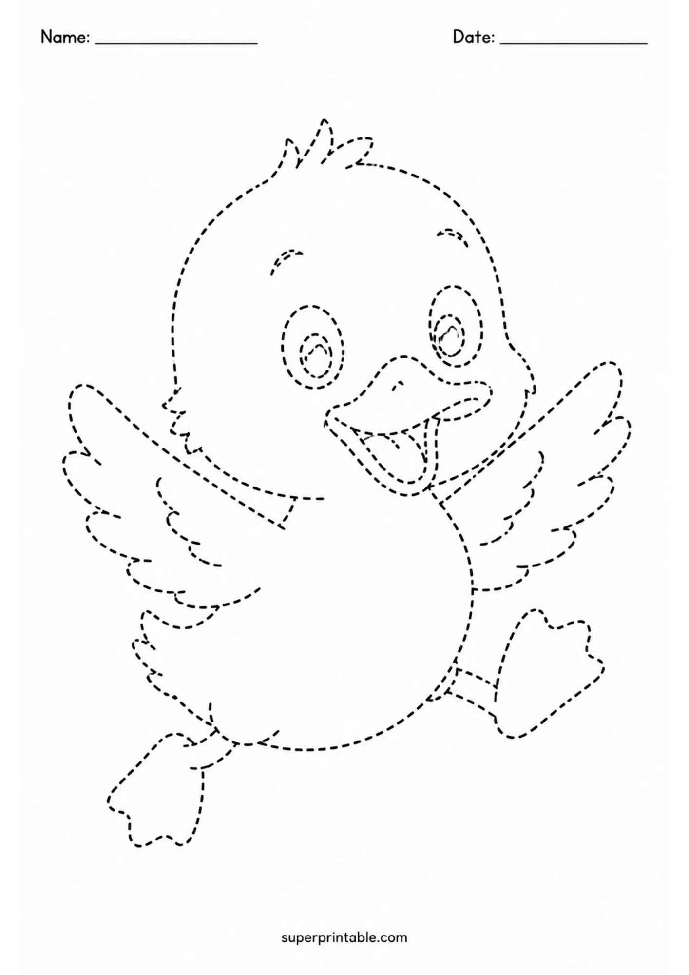 Black and white dashed line activity page displaying a joyful baby duckling jumping into the air with raised wings and open beak.