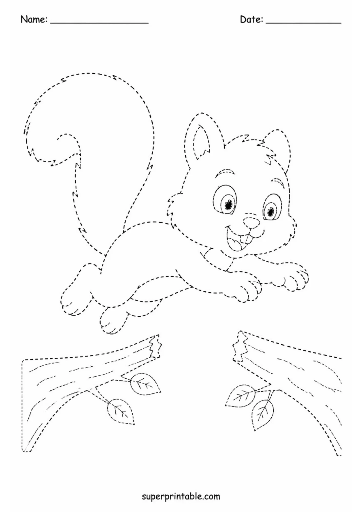 Black and white dotted line tracing sheet showing a playful baby squirrel leaping through the air between two leafy tree branches, with top Name and Date lines.