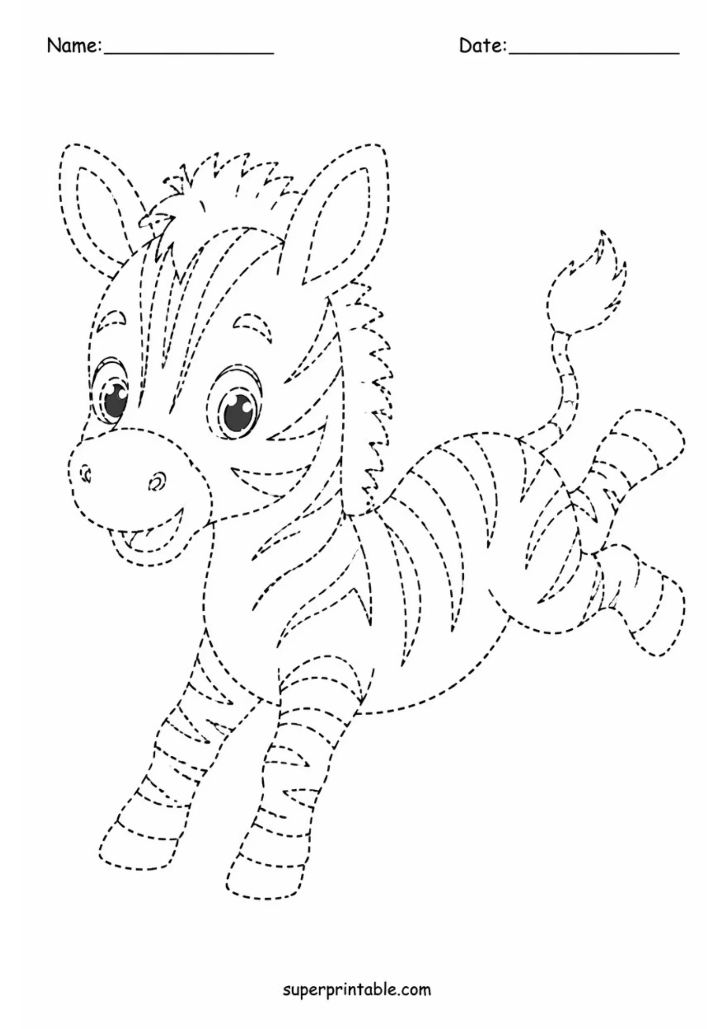 Black line art tracing worksheet featuring a playful cartoon baby zebra foal jumping with hind legs raised, featuring dotted outlines for line tracing and Name and Date fields at the top.