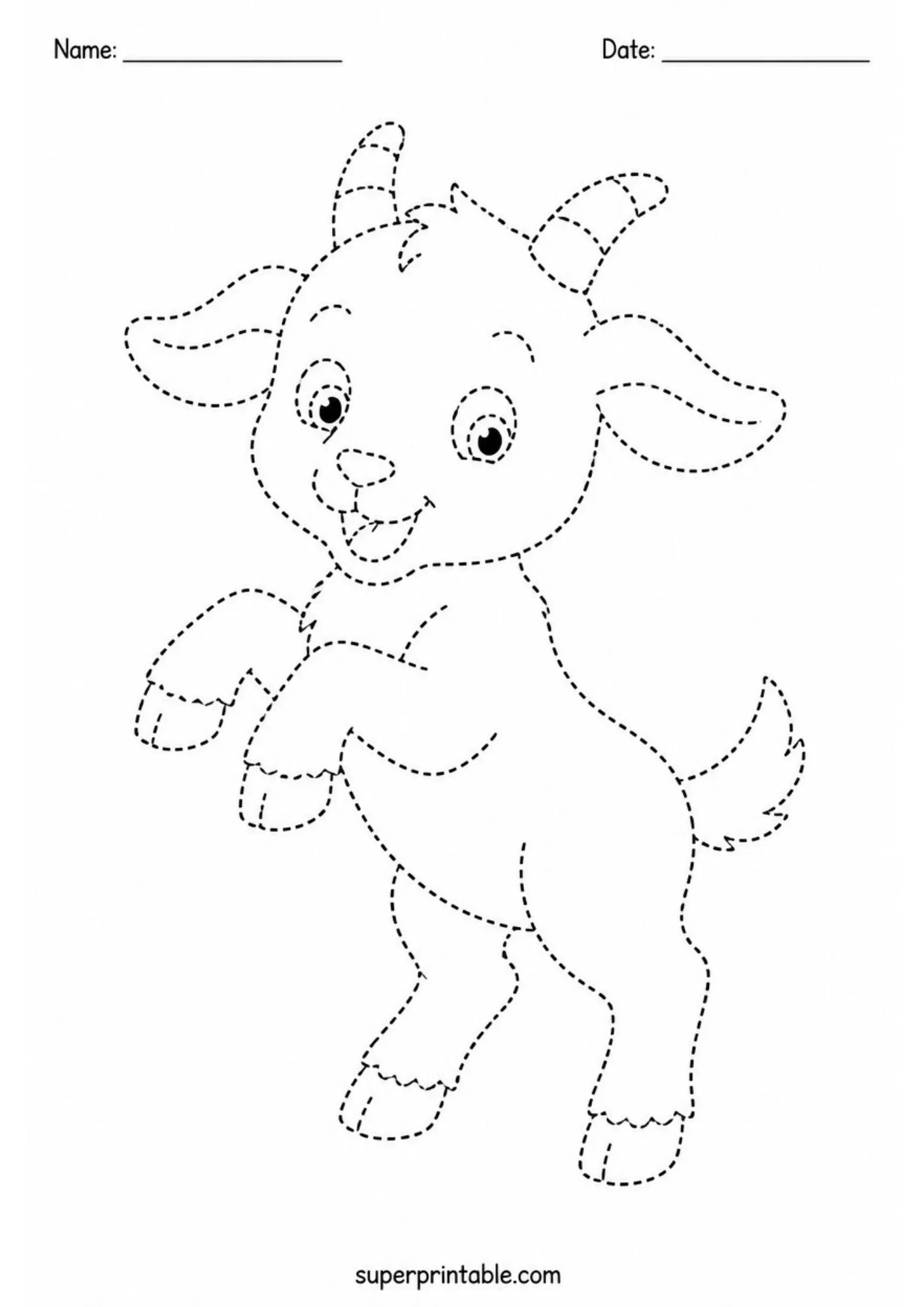 Black and white activity worksheet depicting a cute baby goat rearing up on its hind legs with front hooves raised, outlined with dashed tracing lines.