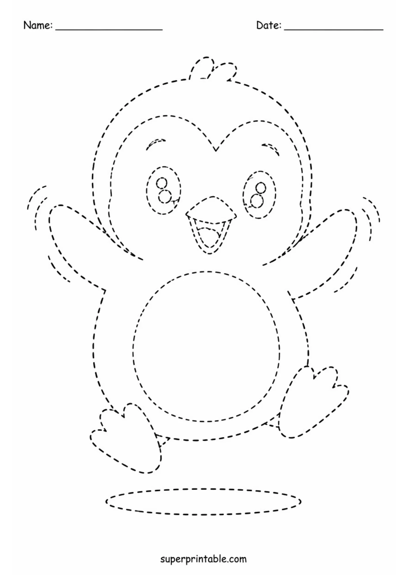 Black line tracing sheet featuring a joyful baby penguin jumping in the air with arms raised, wing motion lines, and a ground shadow oval.