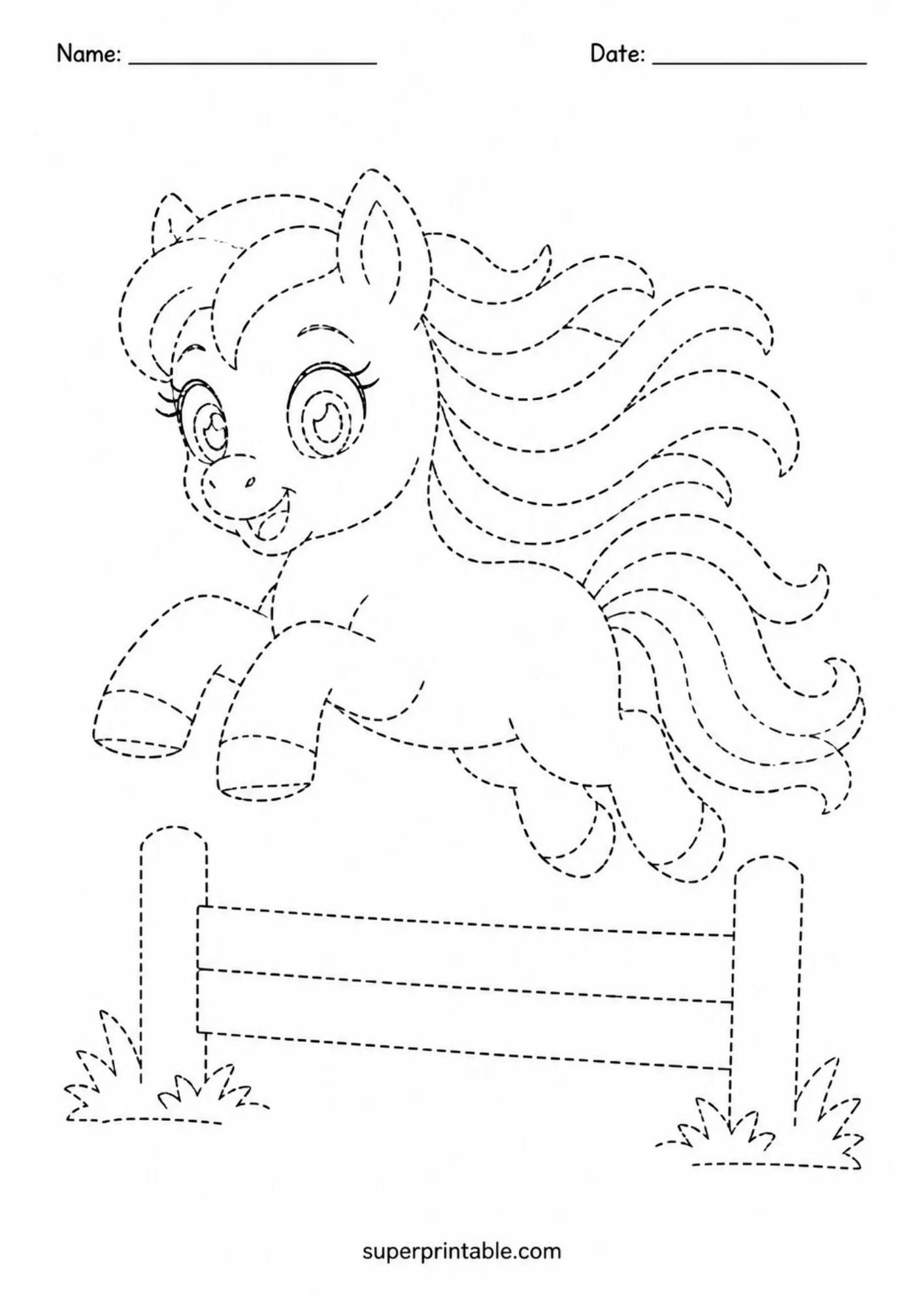 Dotted line tracing page portraying a pony leaping high over a wooden fence with tufts of grass at the base, formatted for tracing practice.